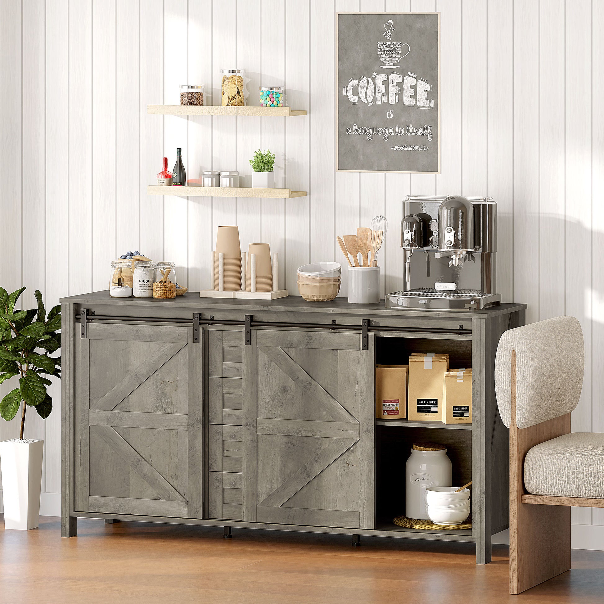 60" Farmhouse Buffet Cabinet - Distressed Light Grey-DECOROLALA