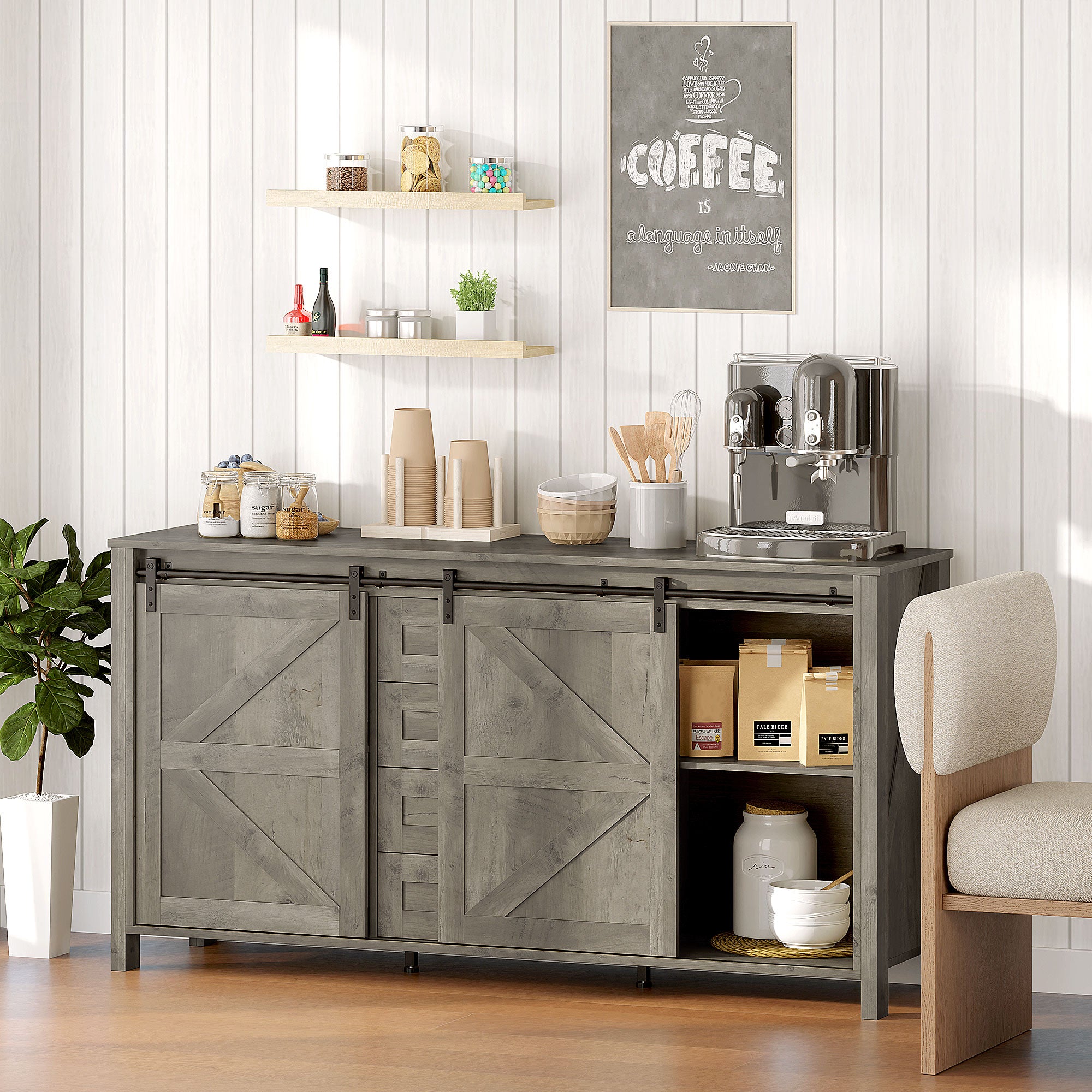 60" Farmhouse Buffet Cabinet - Distressed Light Grey-DECOROLALA