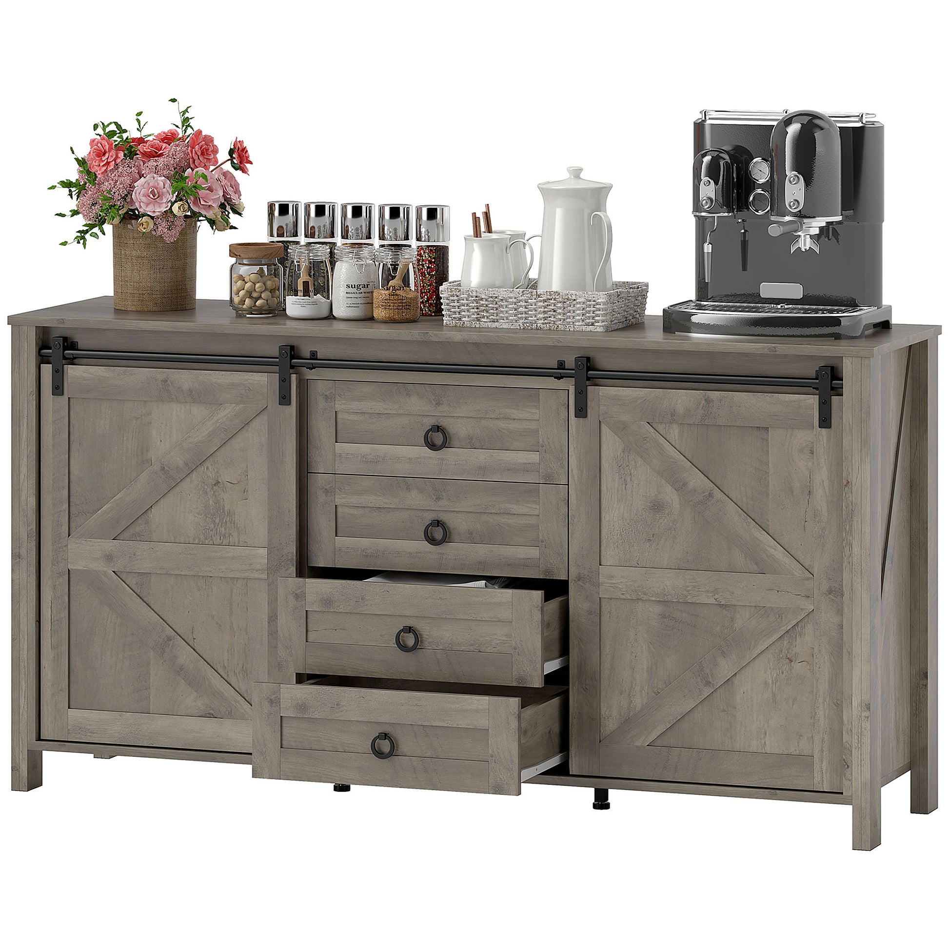 60" Farmhouse Buffet Cabinet - Distressed Light Grey-DECOROLALA