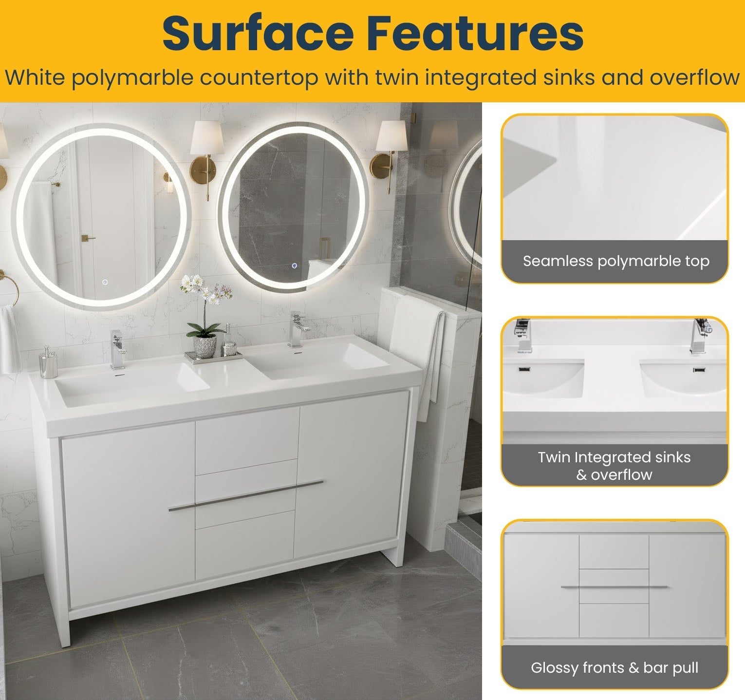 60" Glossy White Freestanding Double Sink Bathroom Vanity with White Polymarble Countertop-Migration_Bathroom Vanities-DECOROLALA