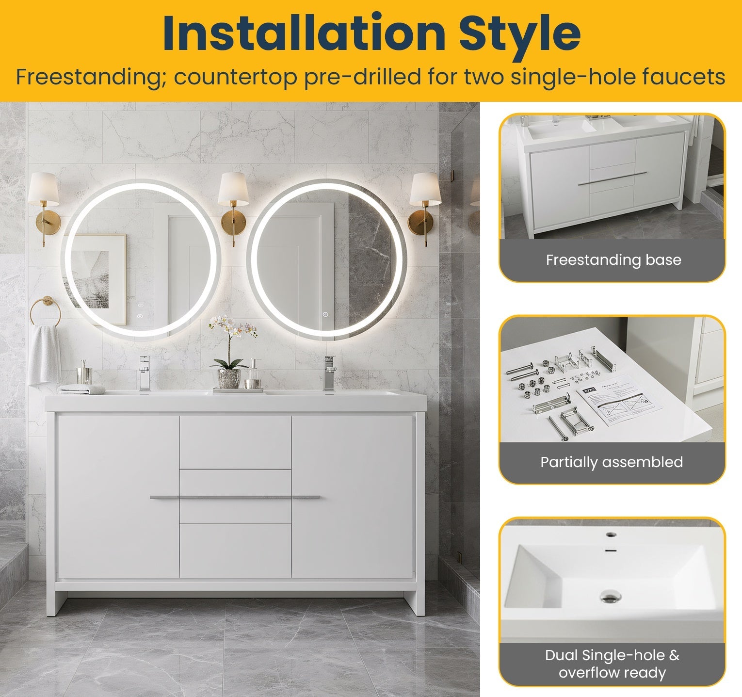 60" Glossy White Freestanding Double Sink Bathroom Vanity with White Polymarble Countertop-Migration_Bathroom Vanities-DECOROLALA