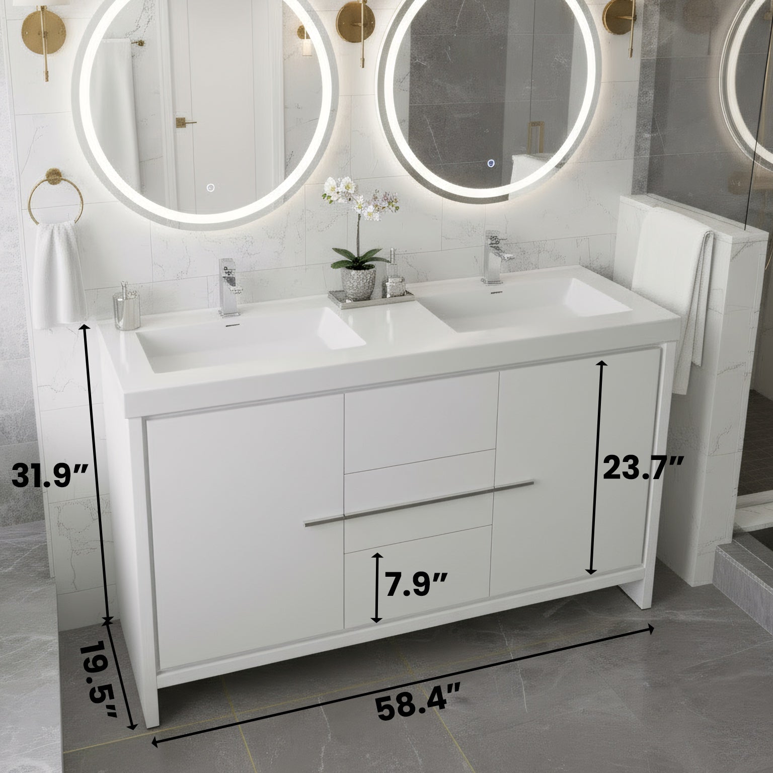 60" Glossy White Freestanding Double Sink Bathroom Vanity with White Polymarble Countertop-Migration_Bathroom Vanities-DECOROLALA