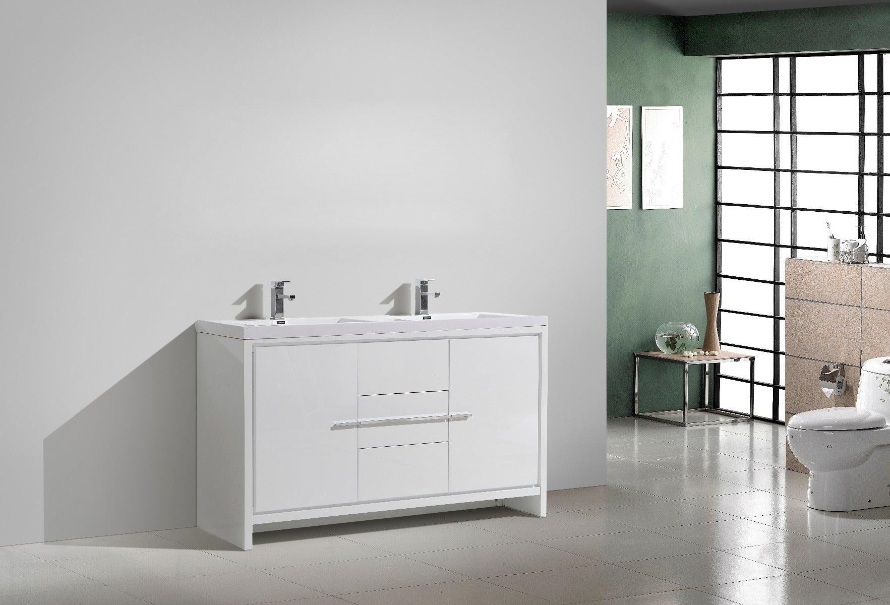 60" Glossy White Freestanding Double Sink Bathroom Vanity with White Polymarble Countertop-Migration_Bathroom Vanities-DECOROLALA