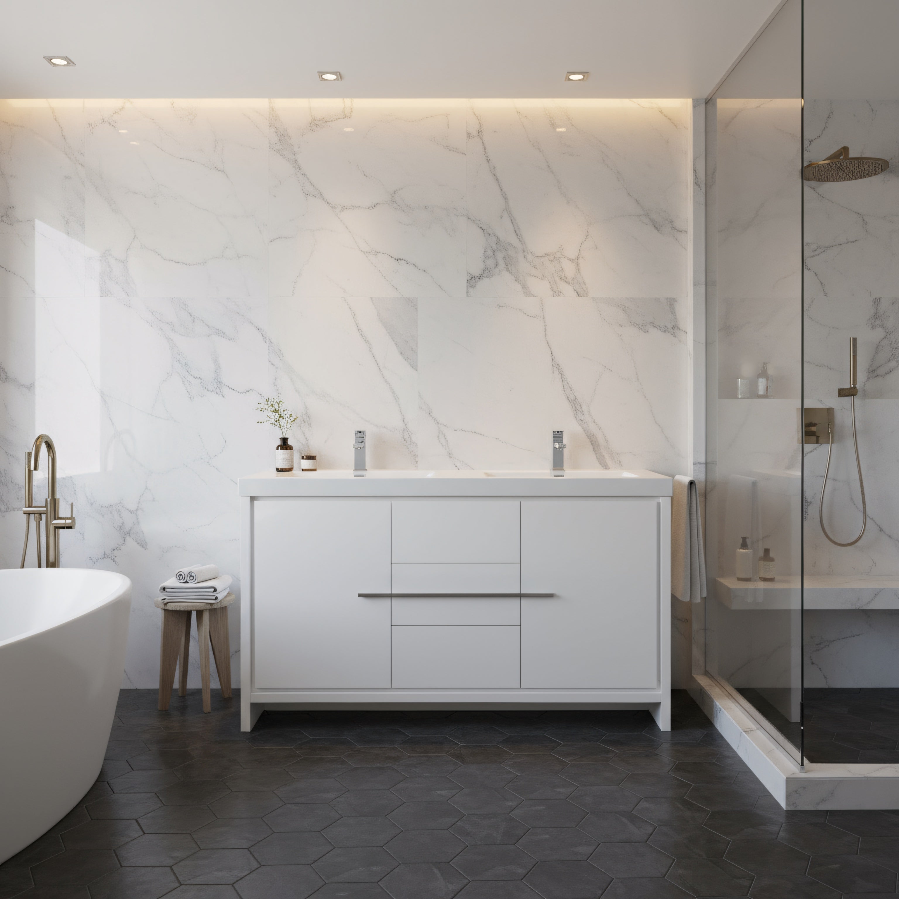 60" Glossy White Freestanding Double Sink Bathroom Vanity with White Polymarble Countertop-Migration_Bathroom Vanities-DECOROLALA