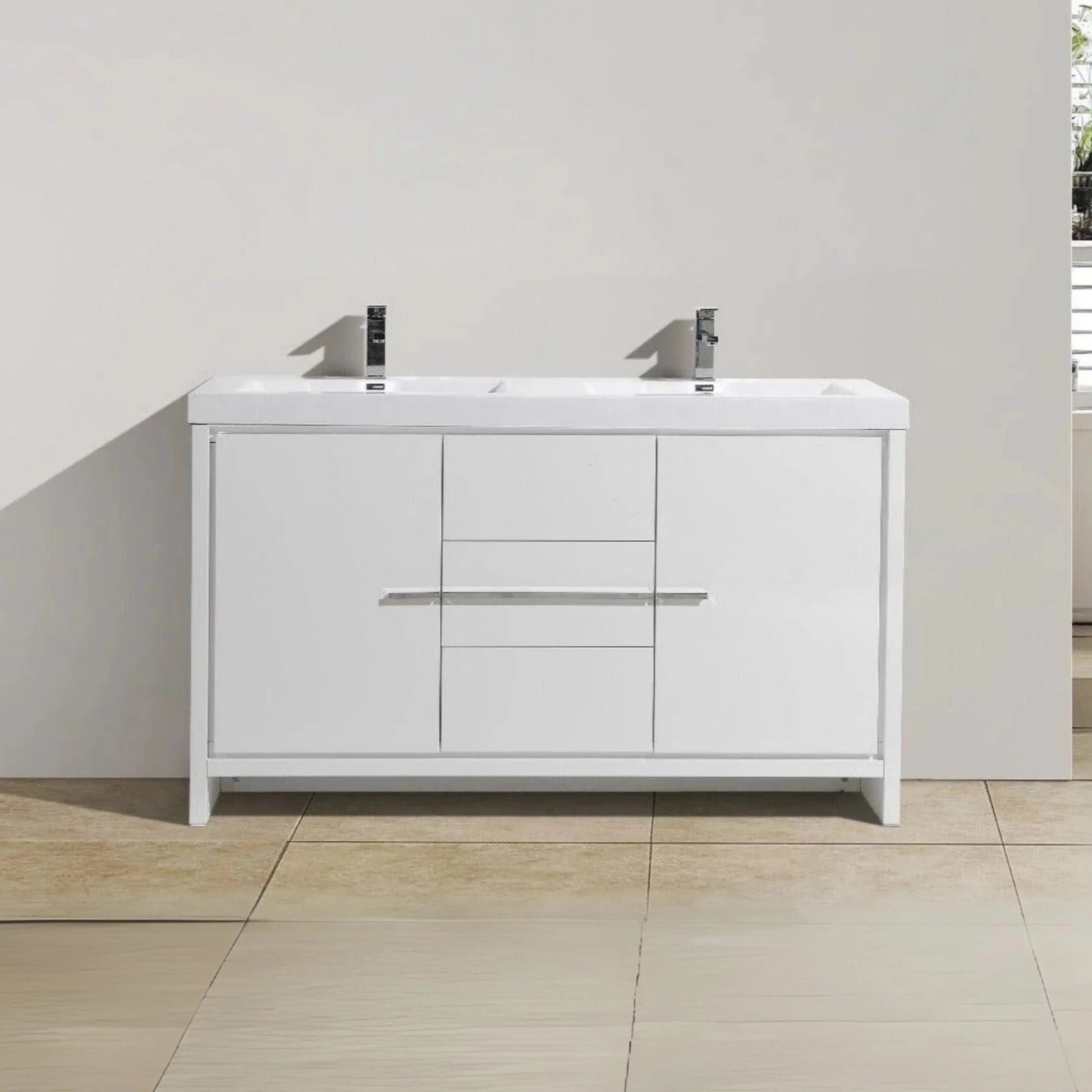 60" Glossy White Freestanding Double Sink Bathroom Vanity with White Polymarble Countertop-Migration_Bathroom Vanities-DECOROLALA
