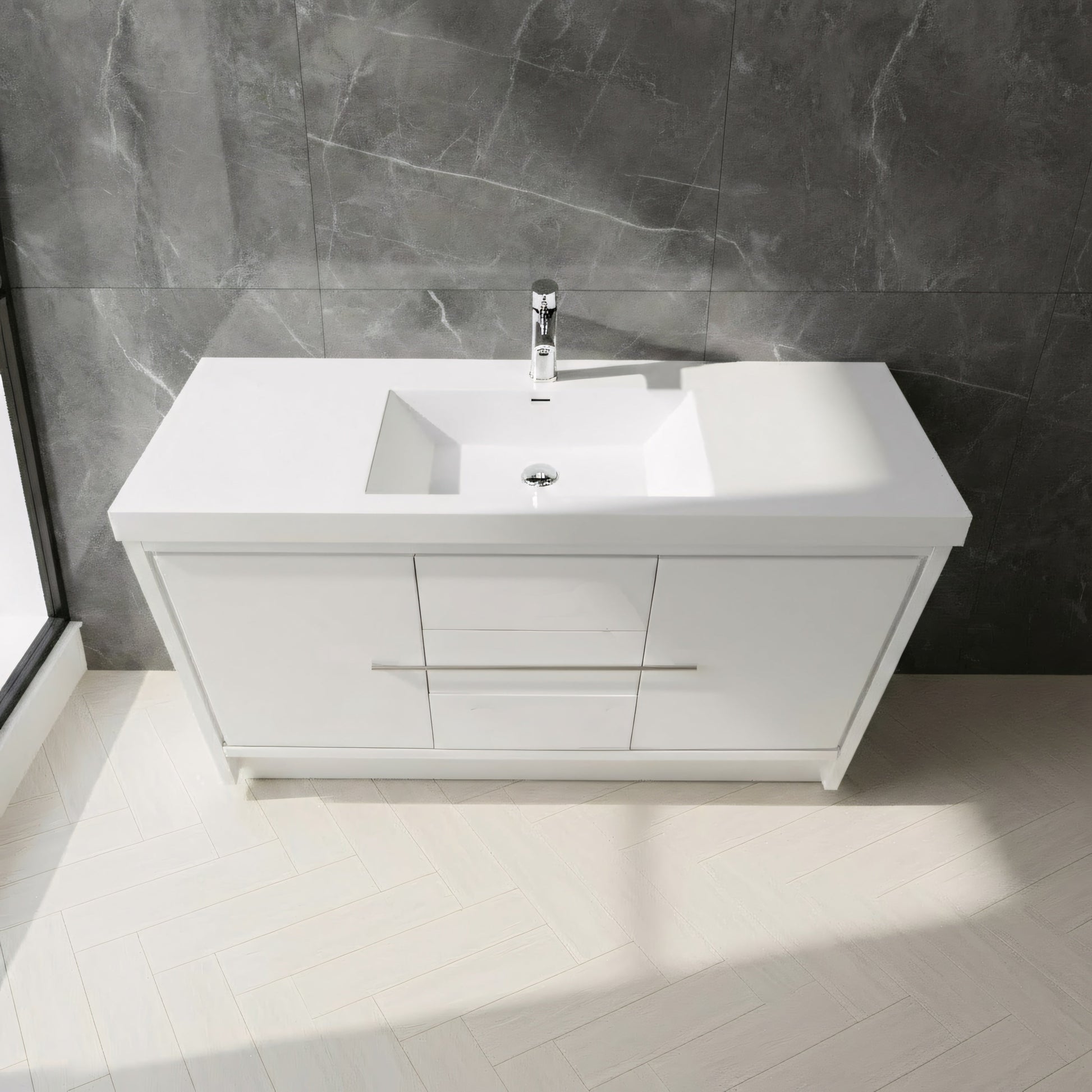 60" Glossy White Freestanding Single Sink Bathroom Vanity with White Polymarble Countertop-Migration_Bathroom Vanities-DECOROLALA