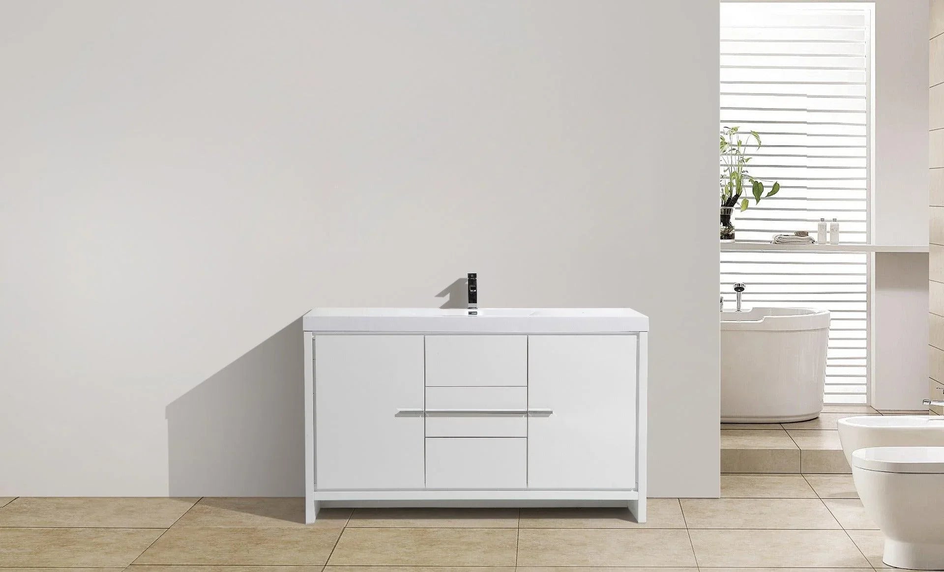 60" Glossy White Freestanding Single Sink Bathroom Vanity with White Polymarble Countertop-Migration_Bathroom Vanities-DECOROLALA