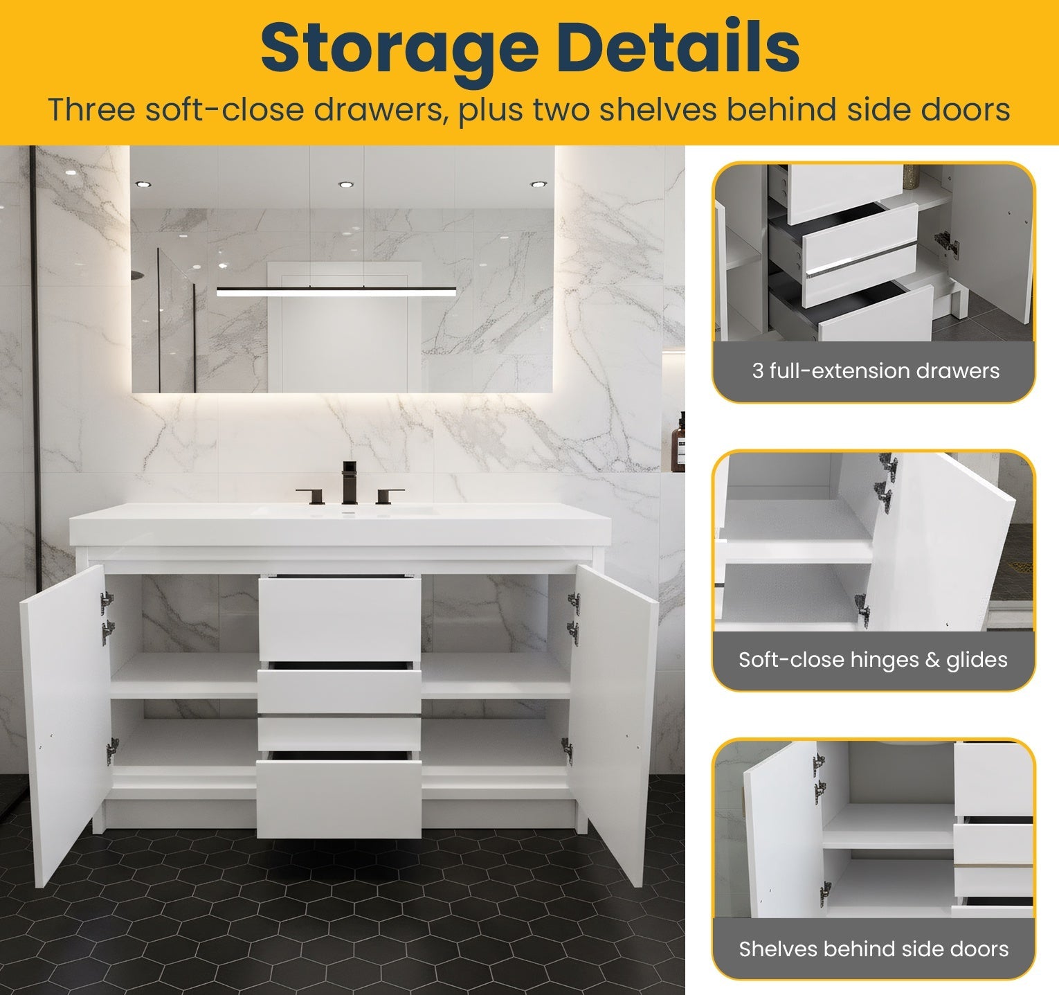 60" Glossy White Freestanding Single Sink Bathroom Vanity with White Polymarble Countertop-Migration_Bathroom Vanities-DECOROLALA