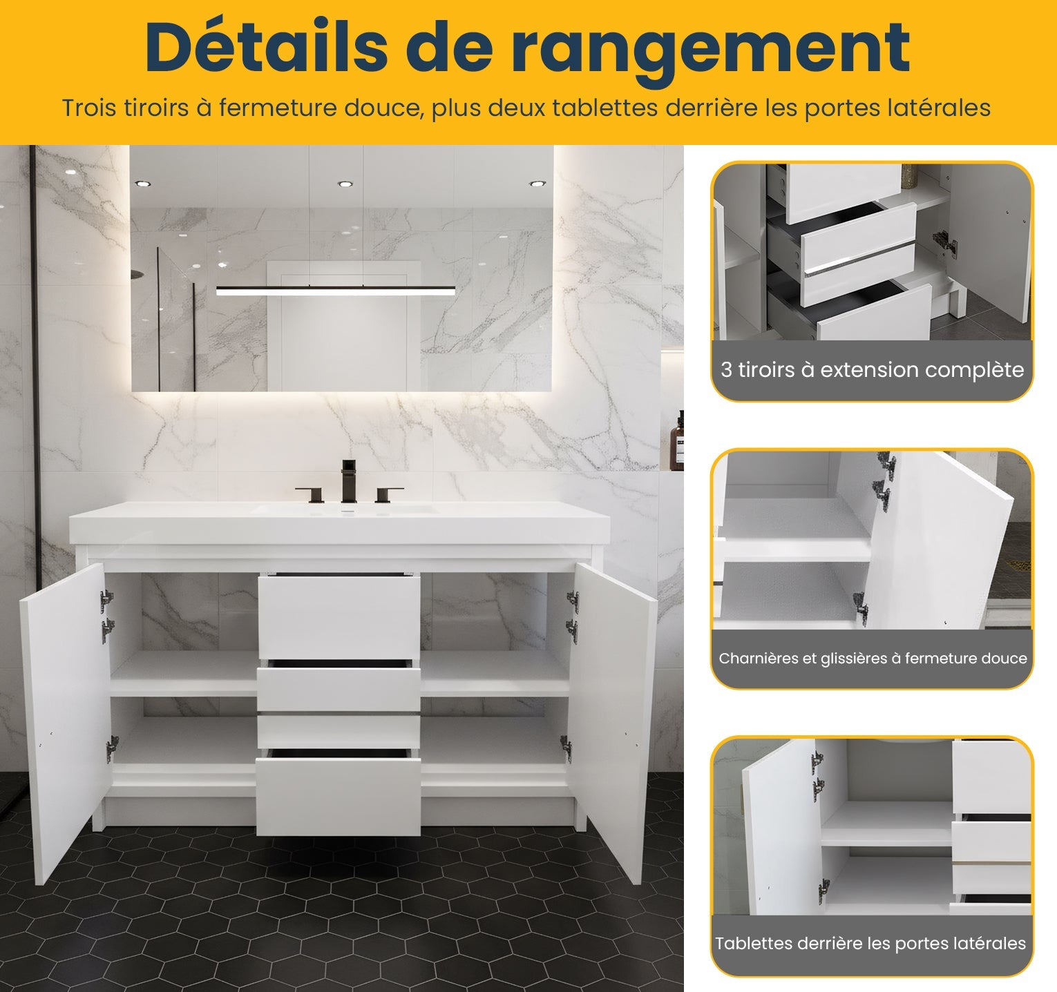 60" Glossy White Freestanding Single Sink Bathroom Vanity with White Polymarble Countertop-Migration_Bathroom Vanities-DECOROLALA