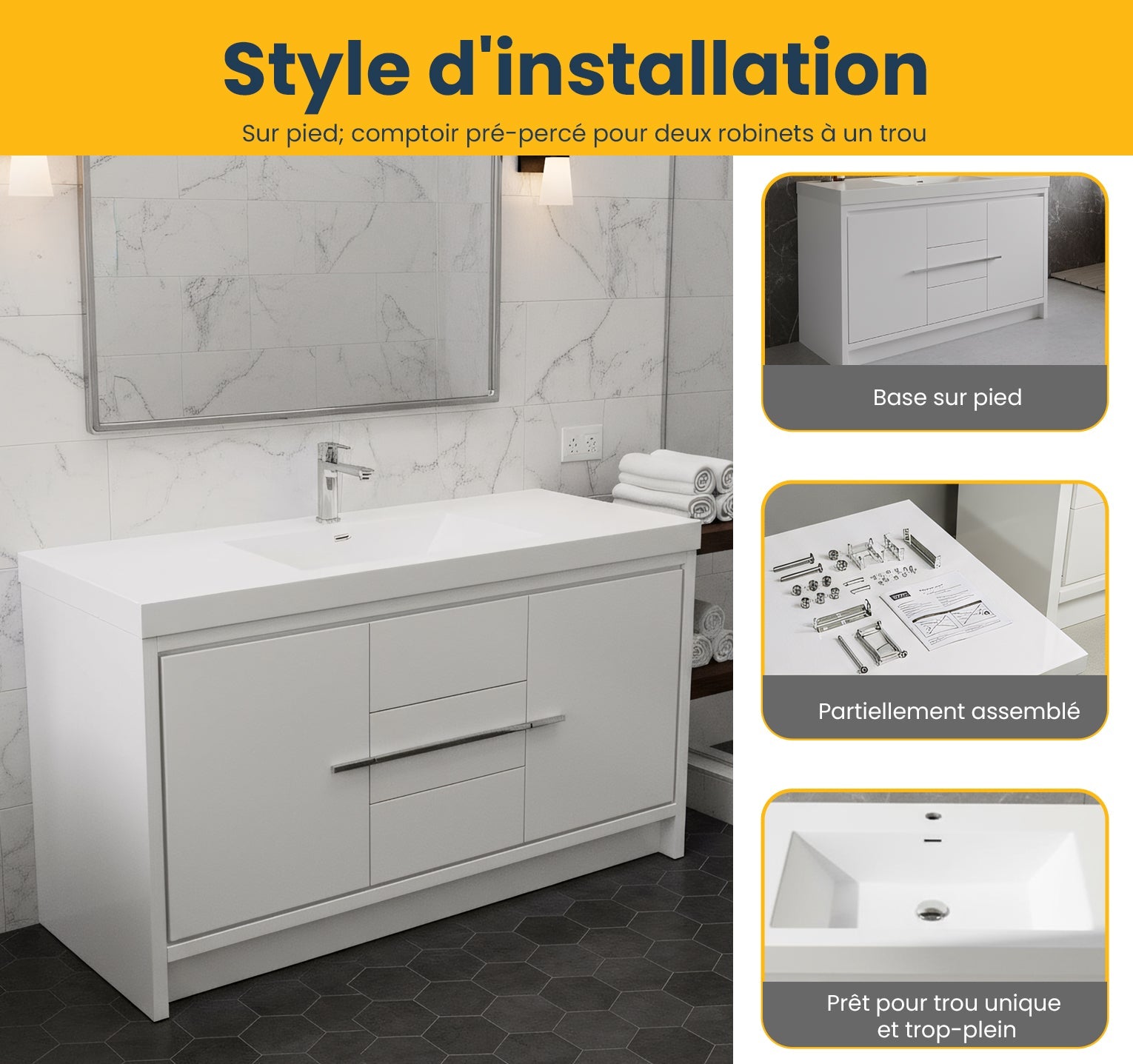 60" Glossy White Freestanding Single Sink Bathroom Vanity with White Polymarble Countertop-Migration_Bathroom Vanities-DECOROLALA