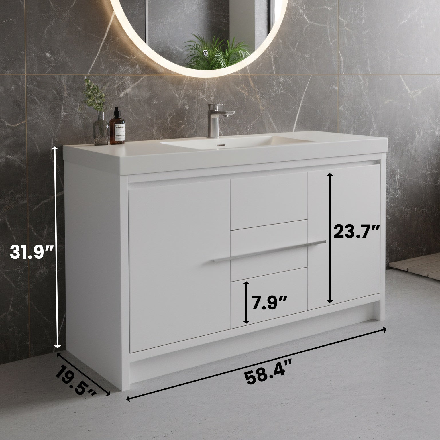 60" Glossy White Freestanding Single Sink Bathroom Vanity with White Polymarble Countertop-Migration_Bathroom Vanities-DECOROLALA
