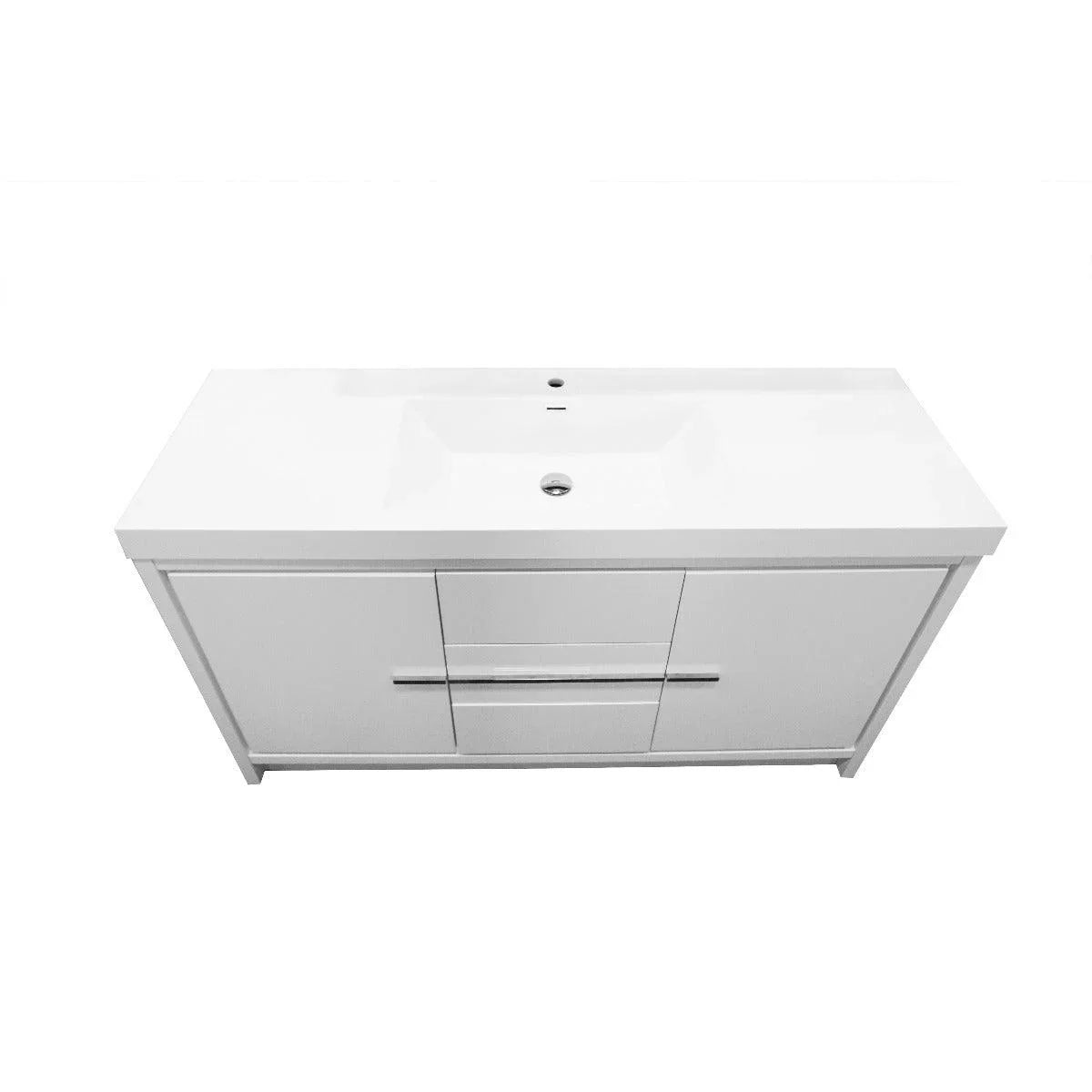 60" Glossy White Freestanding Single Sink Bathroom Vanity with White Polymarble Countertop-Migration_Bathroom Vanities-DECOROLALA