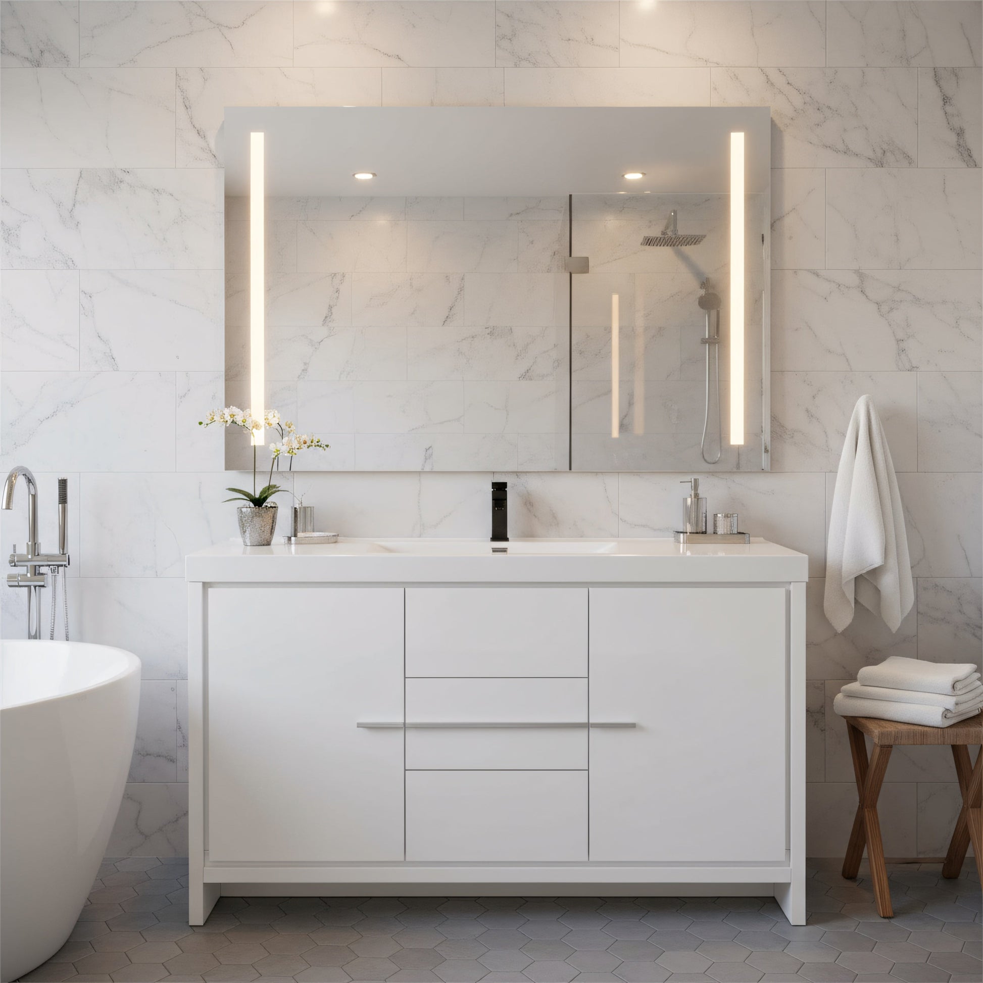 60" Glossy White Freestanding Single Sink Bathroom Vanity with White Polymarble Countertop-Migration_Bathroom Vanities-DECOROLALA