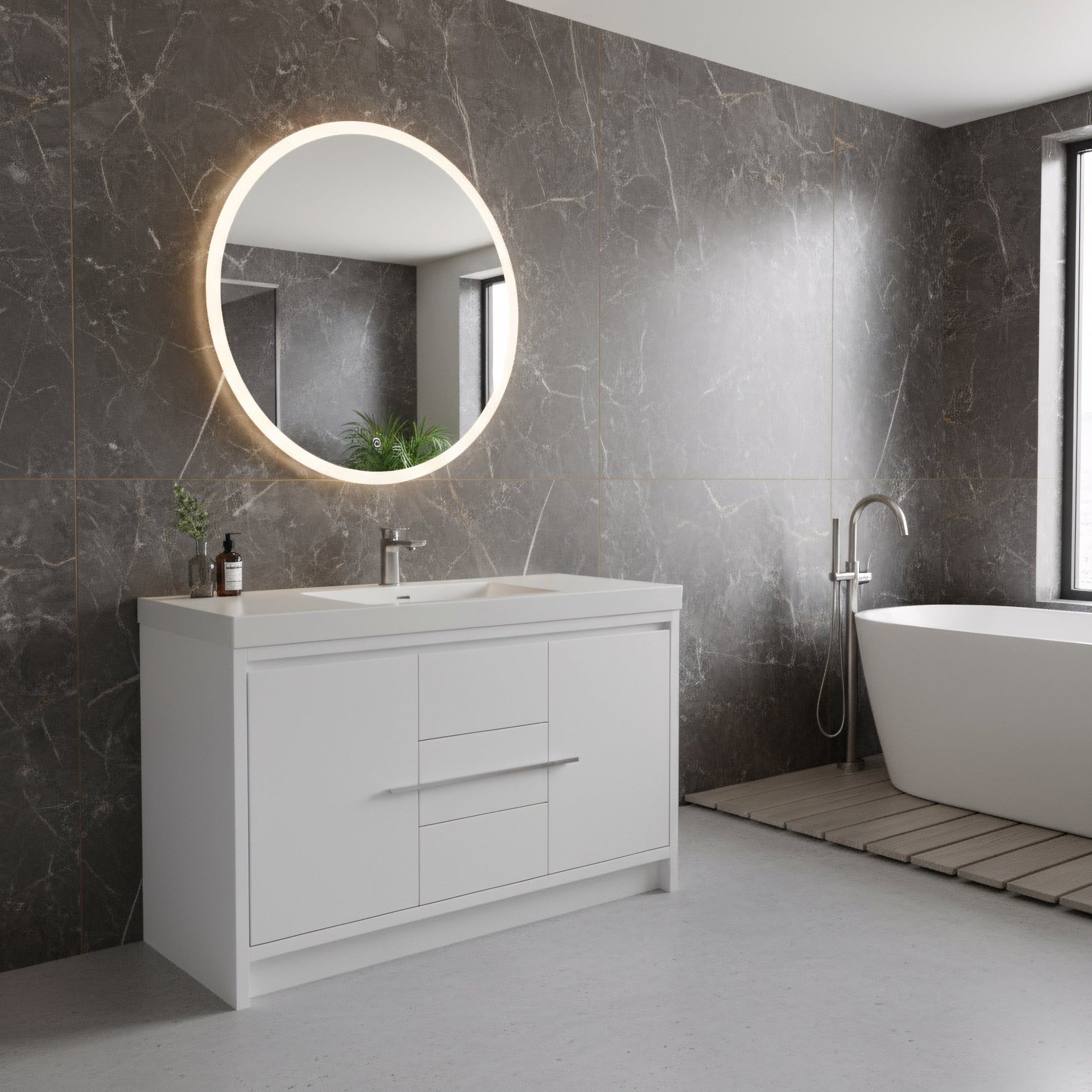 60" Glossy White Freestanding Single Sink Bathroom Vanity with White Polymarble Countertop-Migration_Bathroom Vanities-DECOROLALA