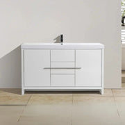 60" Glossy White Freestanding Single Sink Bathroom Vanity with White Polymarble Countertop-Migration_Bathroom Vanities-DECOROLALA