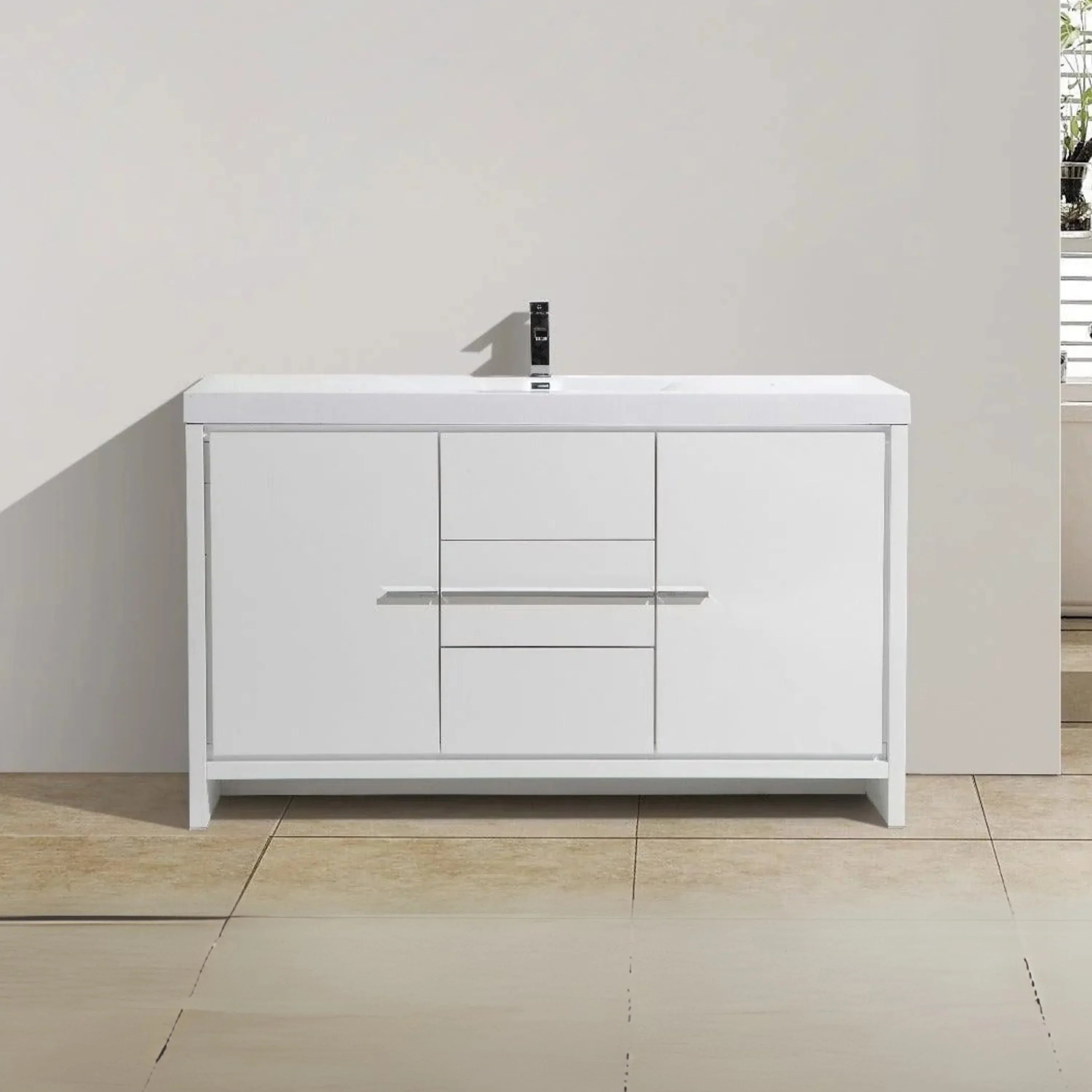 60" Glossy White Freestanding Single Sink Bathroom Vanity with White Polymarble Countertop-Migration_Bathroom Vanities-DECOROLALA
