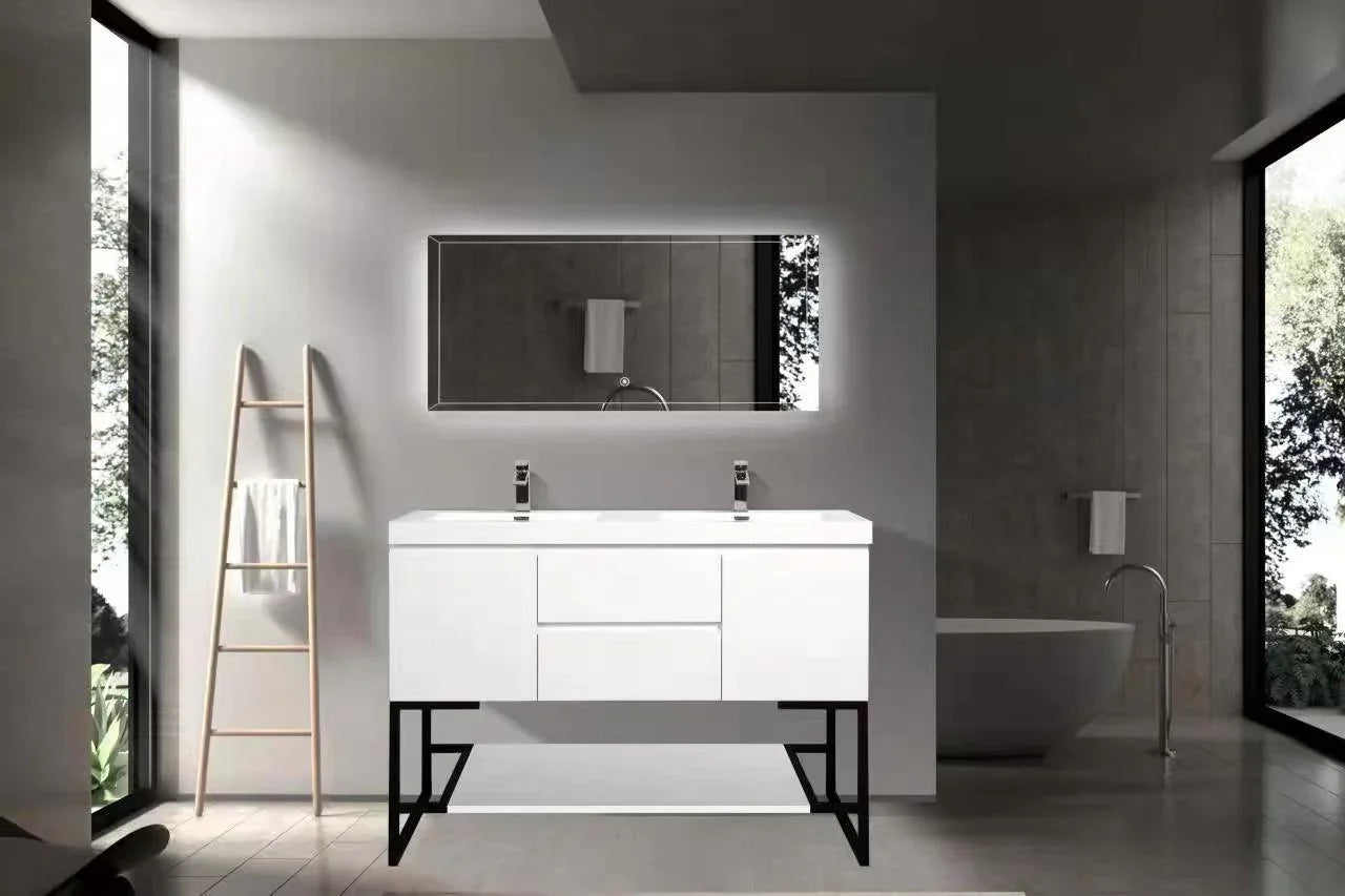 60" Glossy White Open Shelf with Matte Black Frame-Migration_Bathroom Vanities-DECOROLALA
