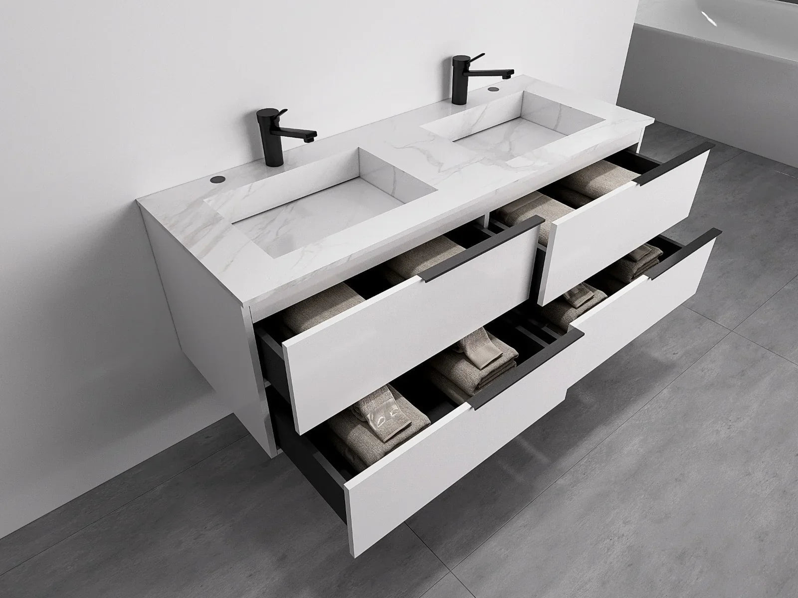 60" Glossy White Wall Mount Double Sink Bathroom Vanity w/ Snow White Porcelain Countertop Sonoma-Migration_Bathroom Vanities-DECOROLALA