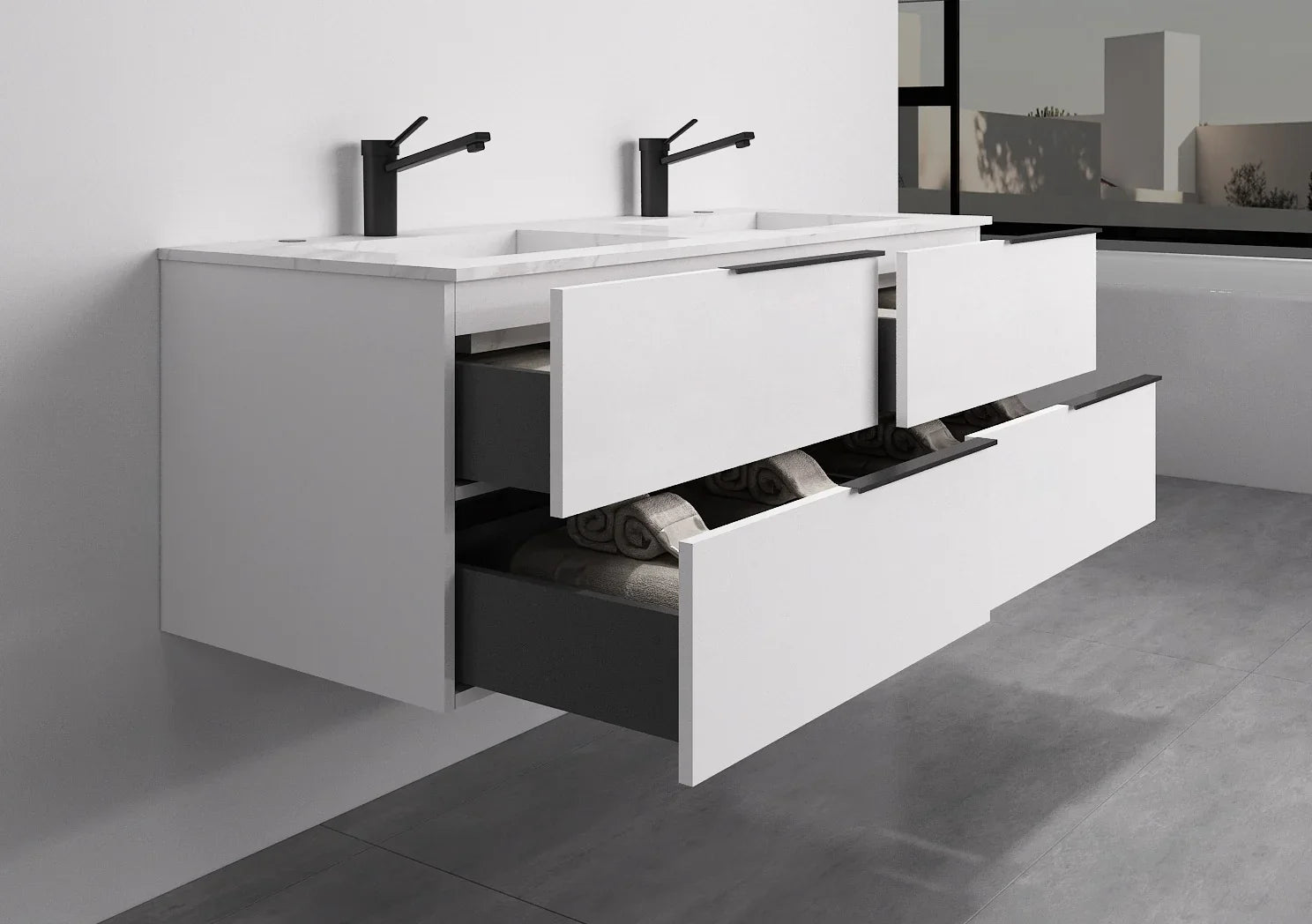 60" Glossy White Wall Mount Double Sink Bathroom Vanity w/ Snow White Porcelain Countertop Sonoma-Migration_Bathroom Vanities-DECOROLALA