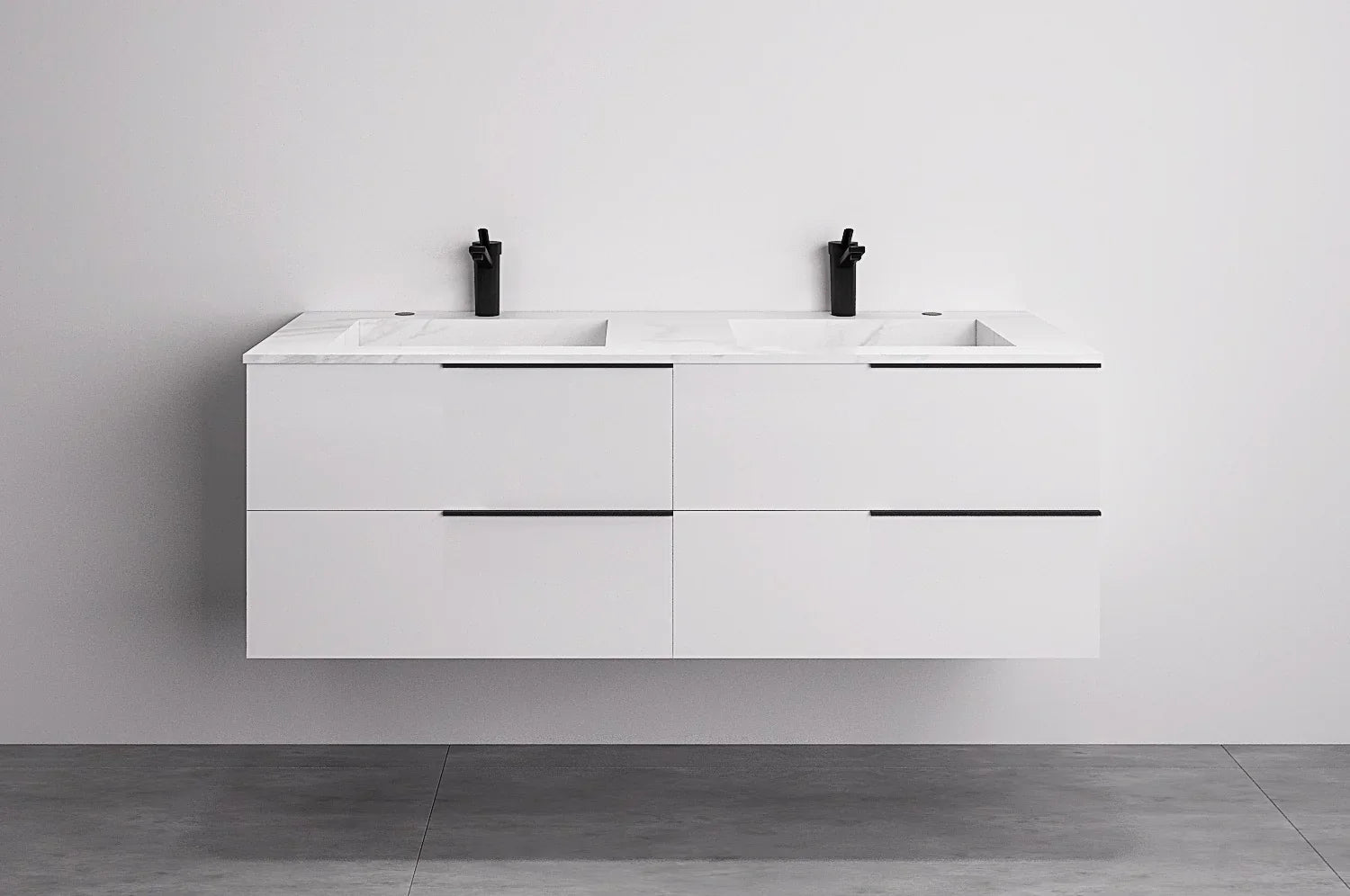 60" Glossy White Wall Mount Double Sink Bathroom Vanity w/ Snow White Porcelain Countertop Sonoma-Migration_Bathroom Vanities-DECOROLALA