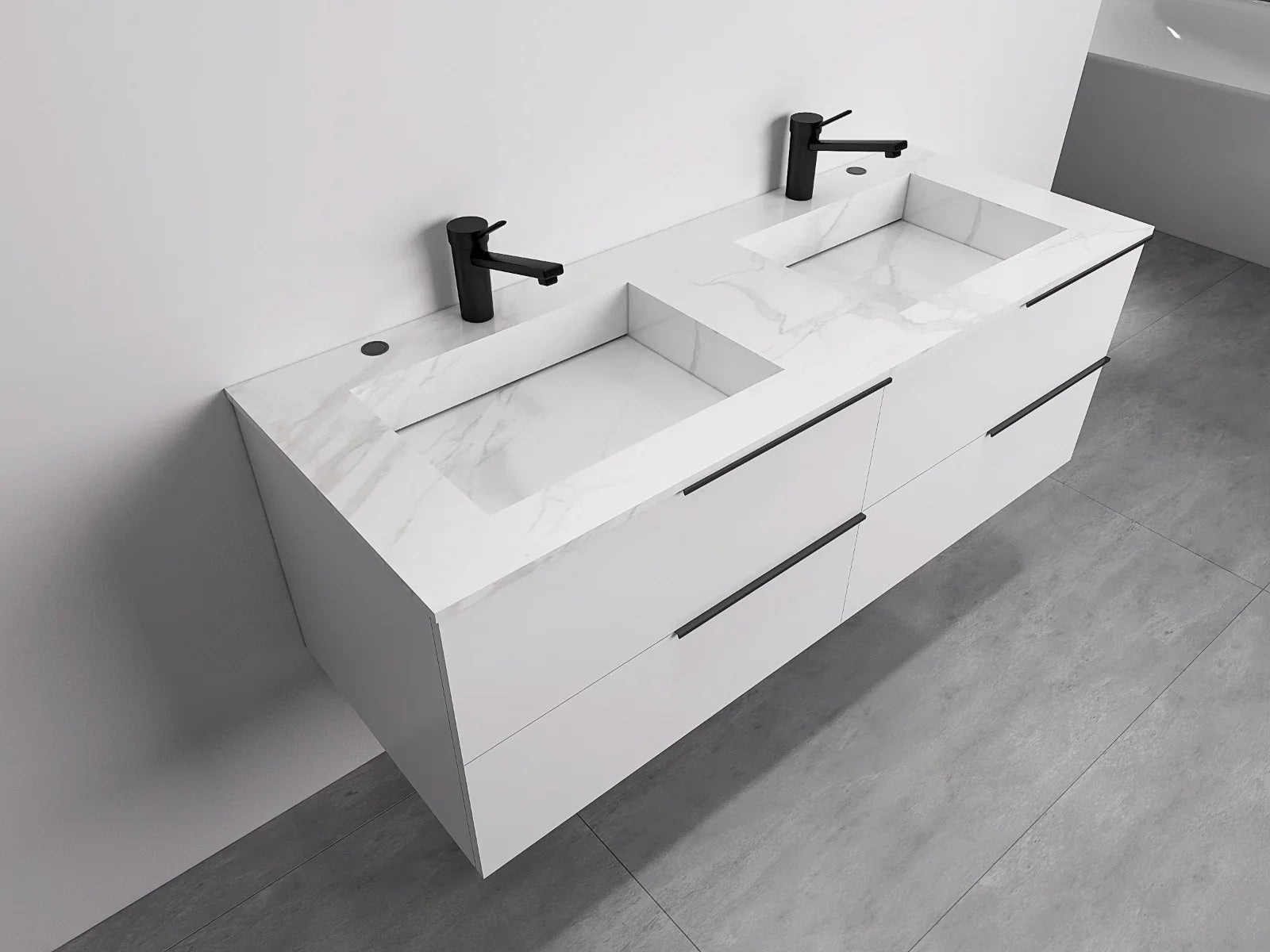 60" Glossy White Wall Mount Double Sink Bathroom Vanity w/ Snow White Porcelain Countertop Sonoma-Migration_Bathroom Vanities-DECOROLALA