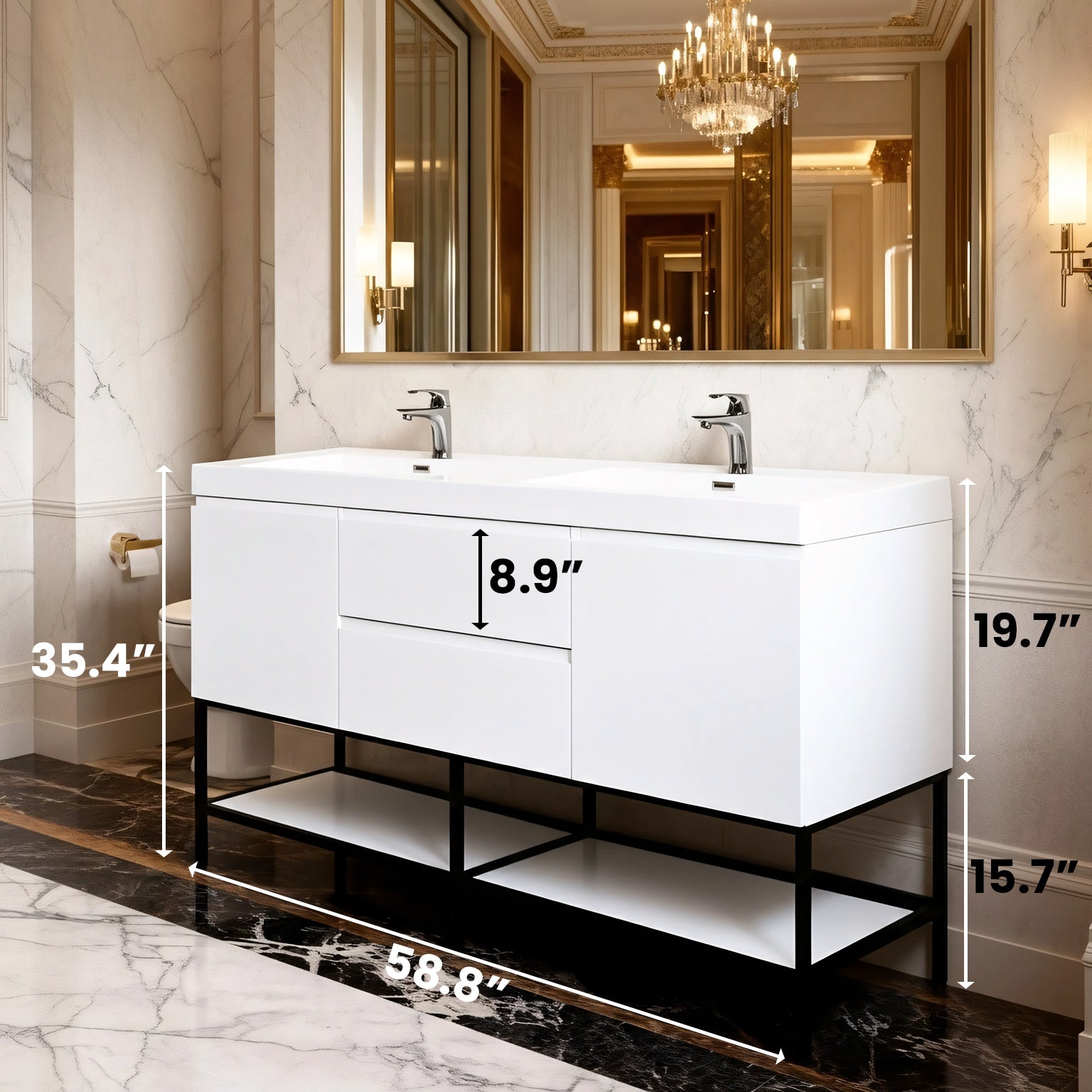 60" Glossy White Wall Mount Double Sink Bathroom Vanity with White Polymarble Countertop-Migration_Bathroom Vanities-DECOROLALA
