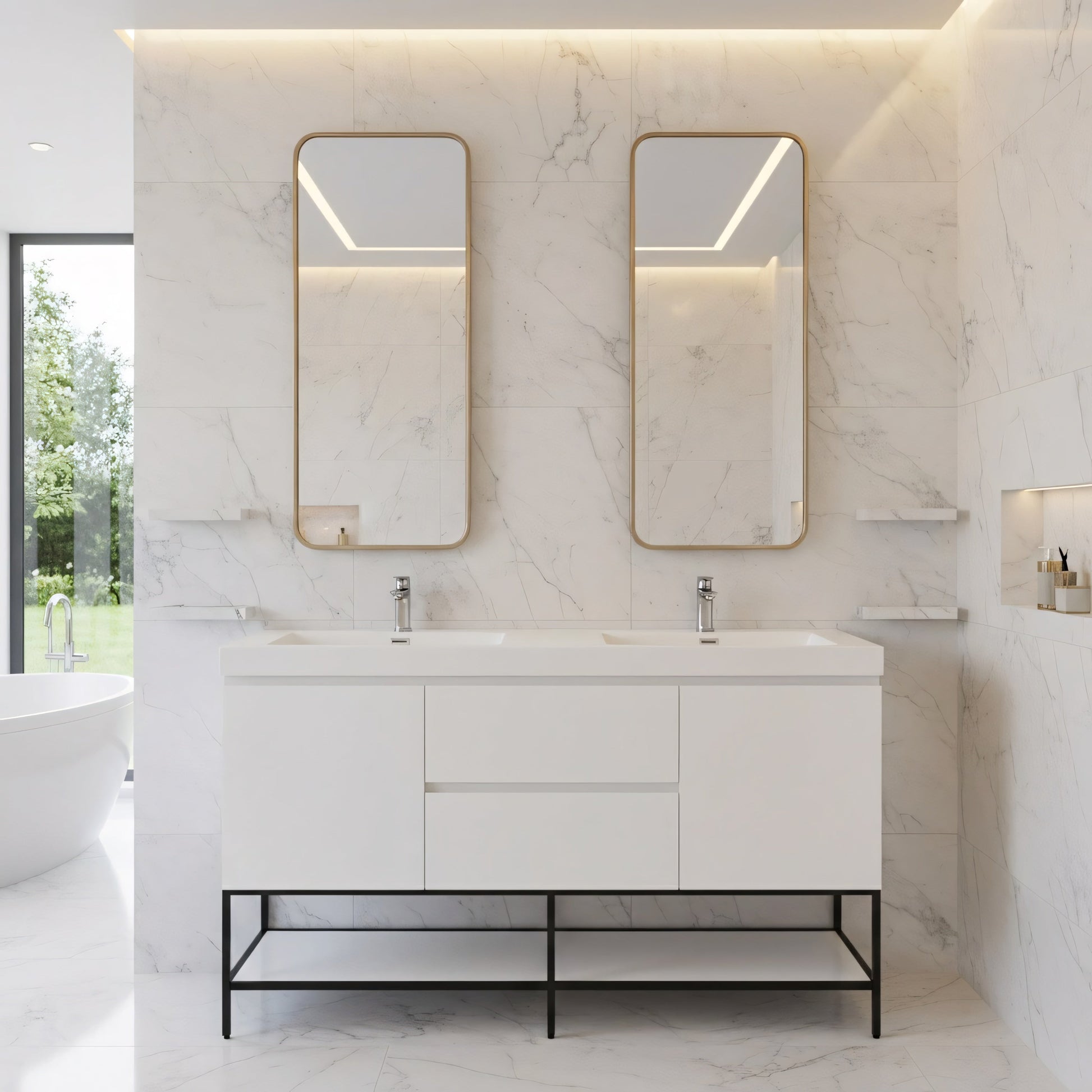 60" Glossy White Wall Mount Double Sink Bathroom Vanity with White Polymarble Countertop-Migration_Bathroom Vanities-DECOROLALA