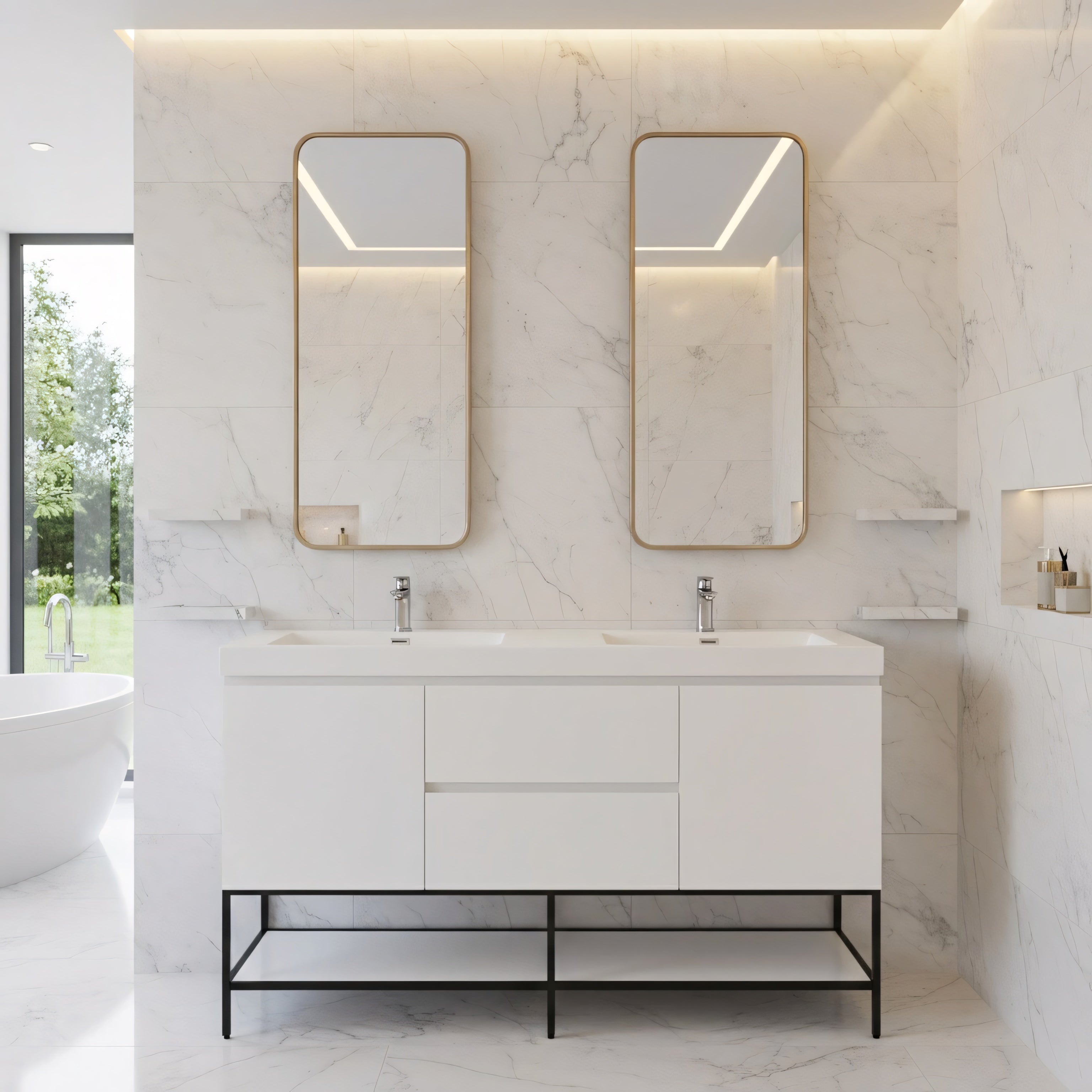 60" Glossy White Wall Mount Double Sink Bathroom Vanity with White Polymarble Countertop-Migration_Bathroom Vanities-DECOROLALA