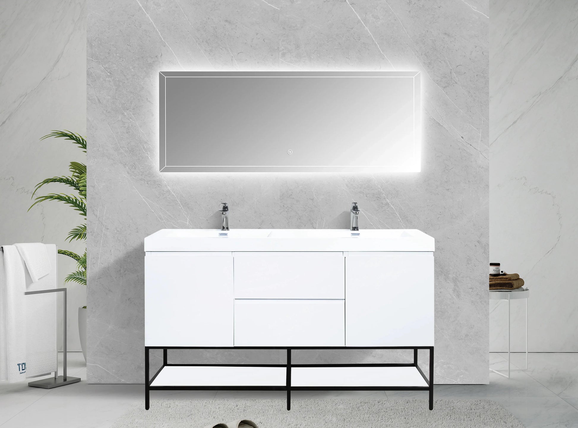 60" Glossy White Wall Mount Double Sink Bathroom Vanity with White Polymarble Countertop-Migration_Bathroom Vanities-DECOROLALA