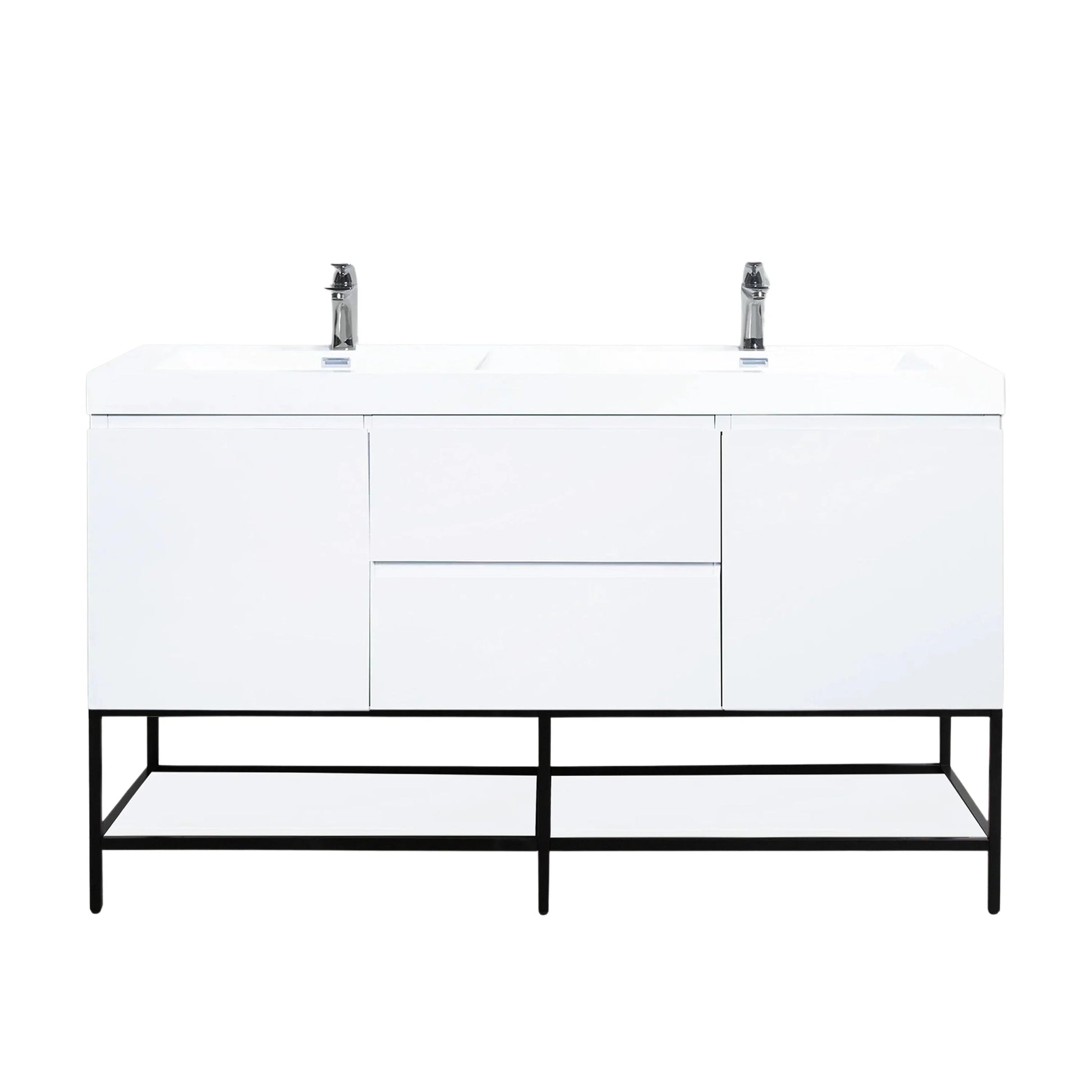 60" Glossy White Wall Mount Double Sink Bathroom Vanity with White Polymarble Countertop-Migration_Bathroom Vanities-DECOROLALA