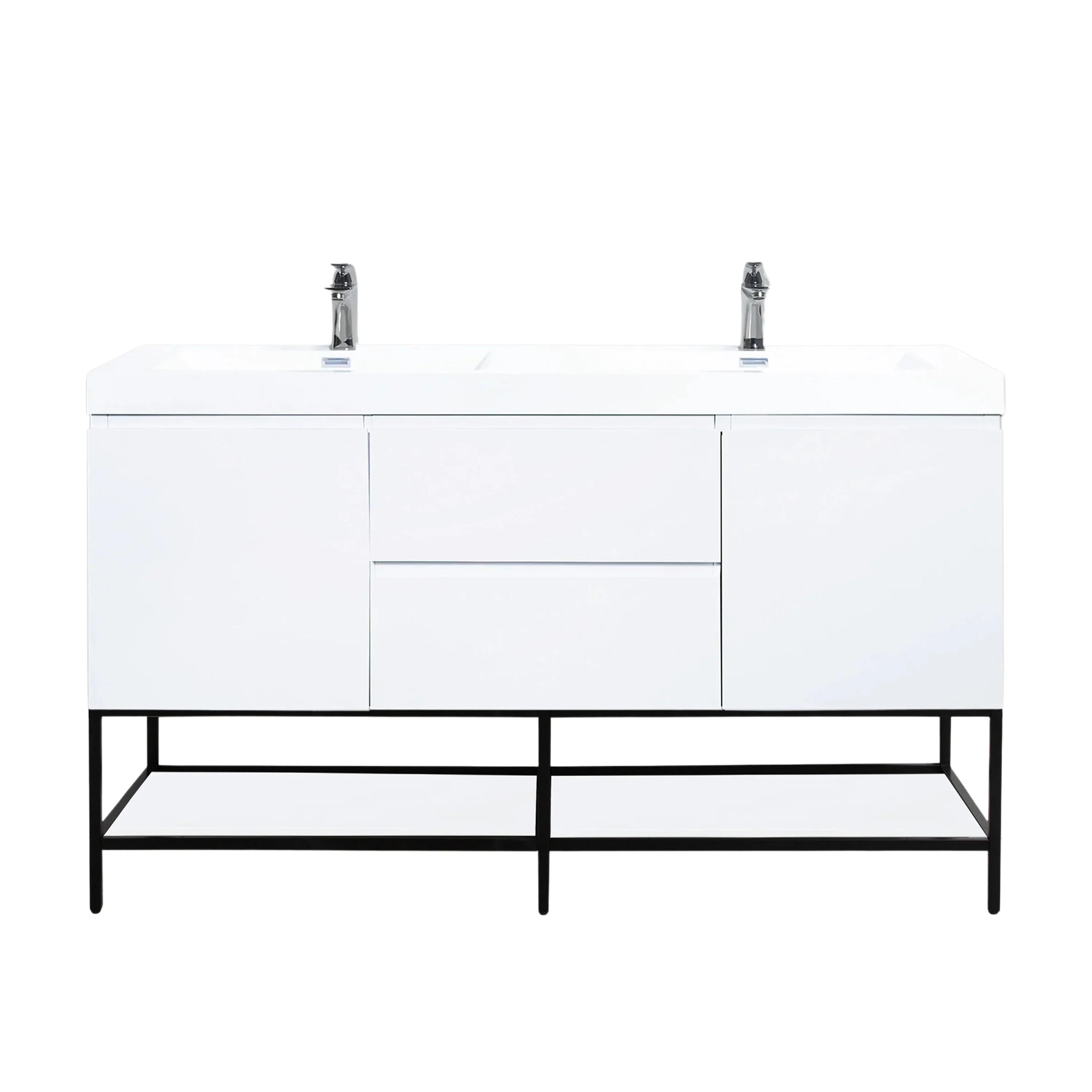 60" Glossy White Wall Mount Double Sink Bathroom Vanity with White Polymarble Countertop-Migration_Bathroom Vanities-DECOROLALA