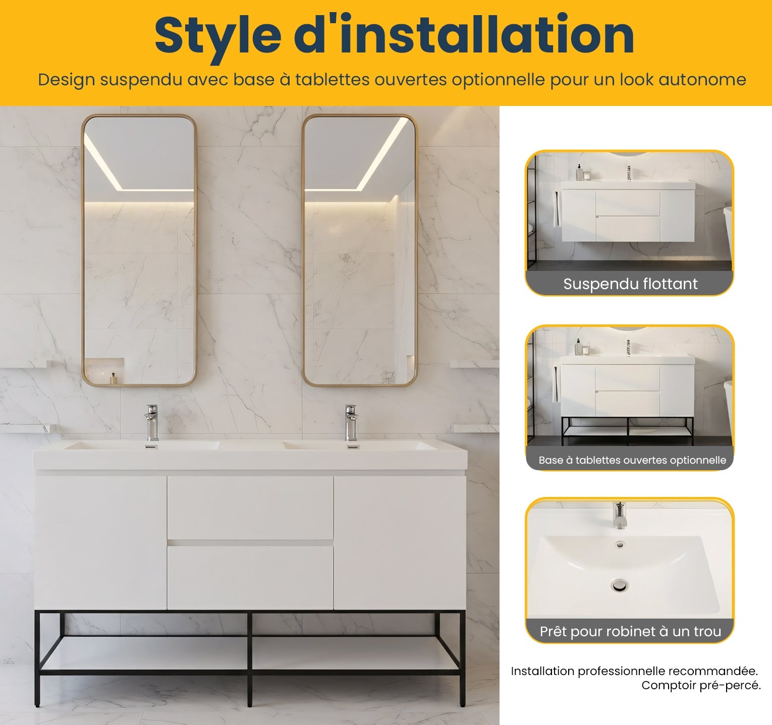 60" Glossy White Wall Mount Double Sink Bathroom Vanity with White Polymarble Countertop-Migration_Bathroom Vanities-DECOROLALA