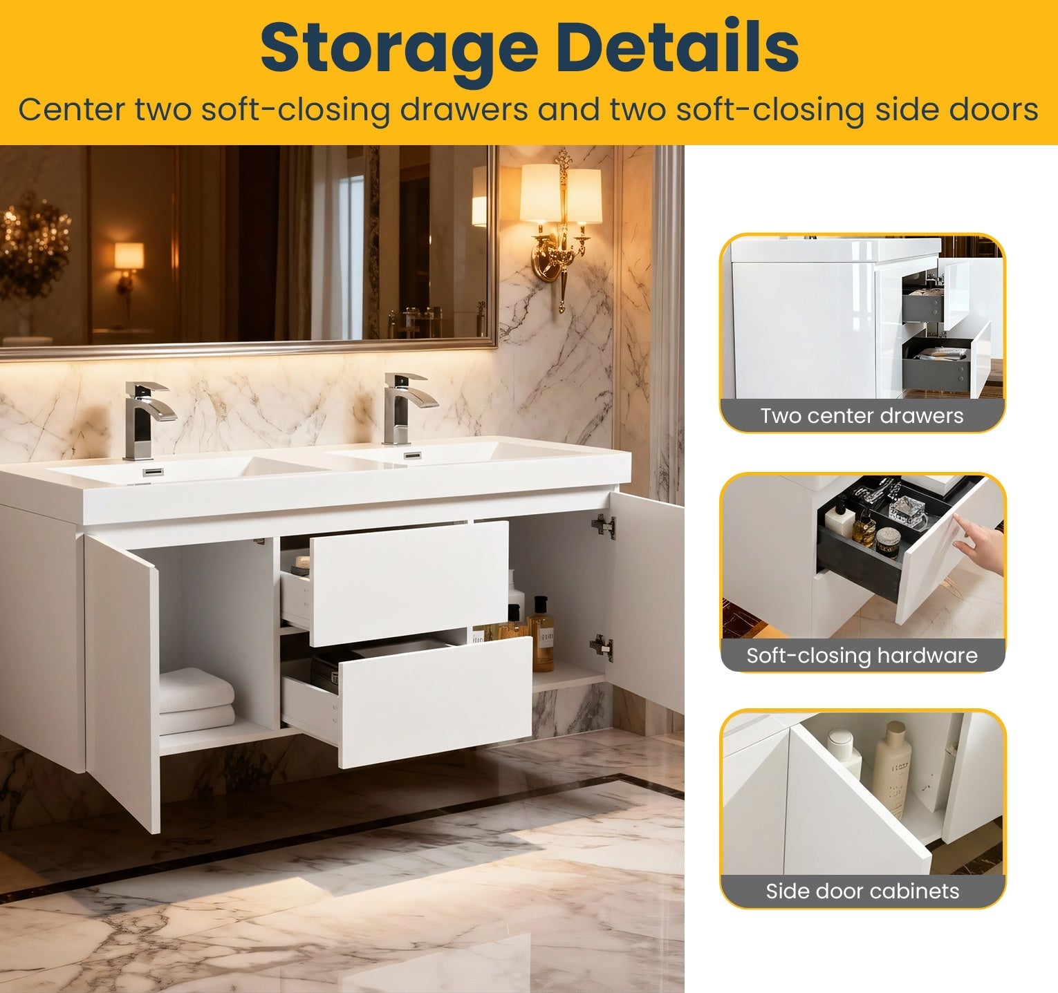 60" Glossy White Wall Mount Double Sink Bathroom Vanity with White Polymarble Countertop-Migration_Bathroom Vanities-DECOROLALA