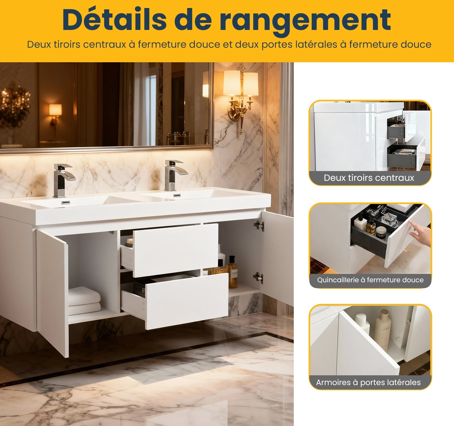 60" Glossy White Wall Mount Double Sink Bathroom Vanity with White Polymarble Countertop-Migration_Bathroom Vanities-DECOROLALA