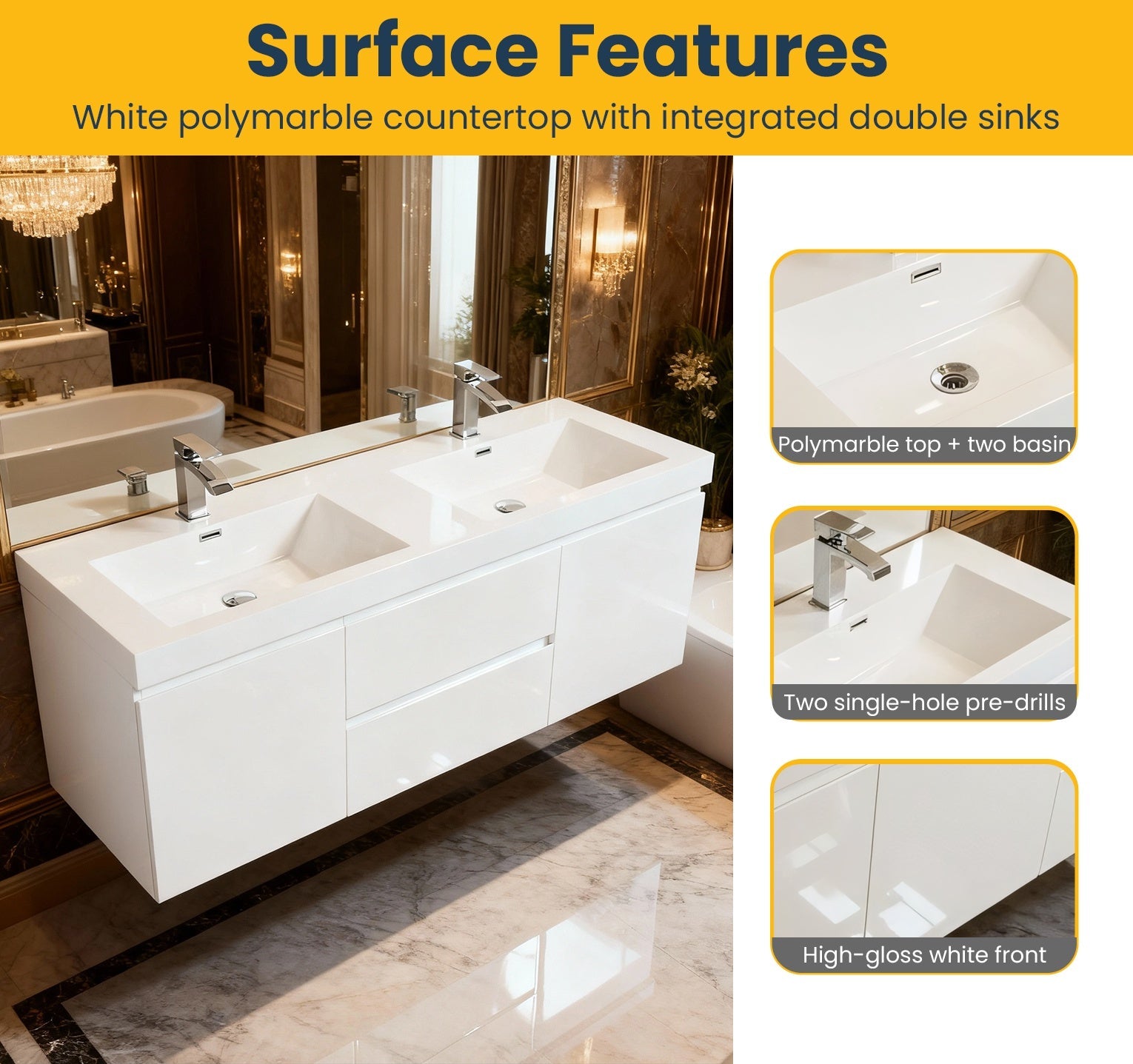 60" Glossy White Wall Mount Double Sink Bathroom Vanity with White Polymarble Countertop-Migration_Bathroom Vanities-DECOROLALA