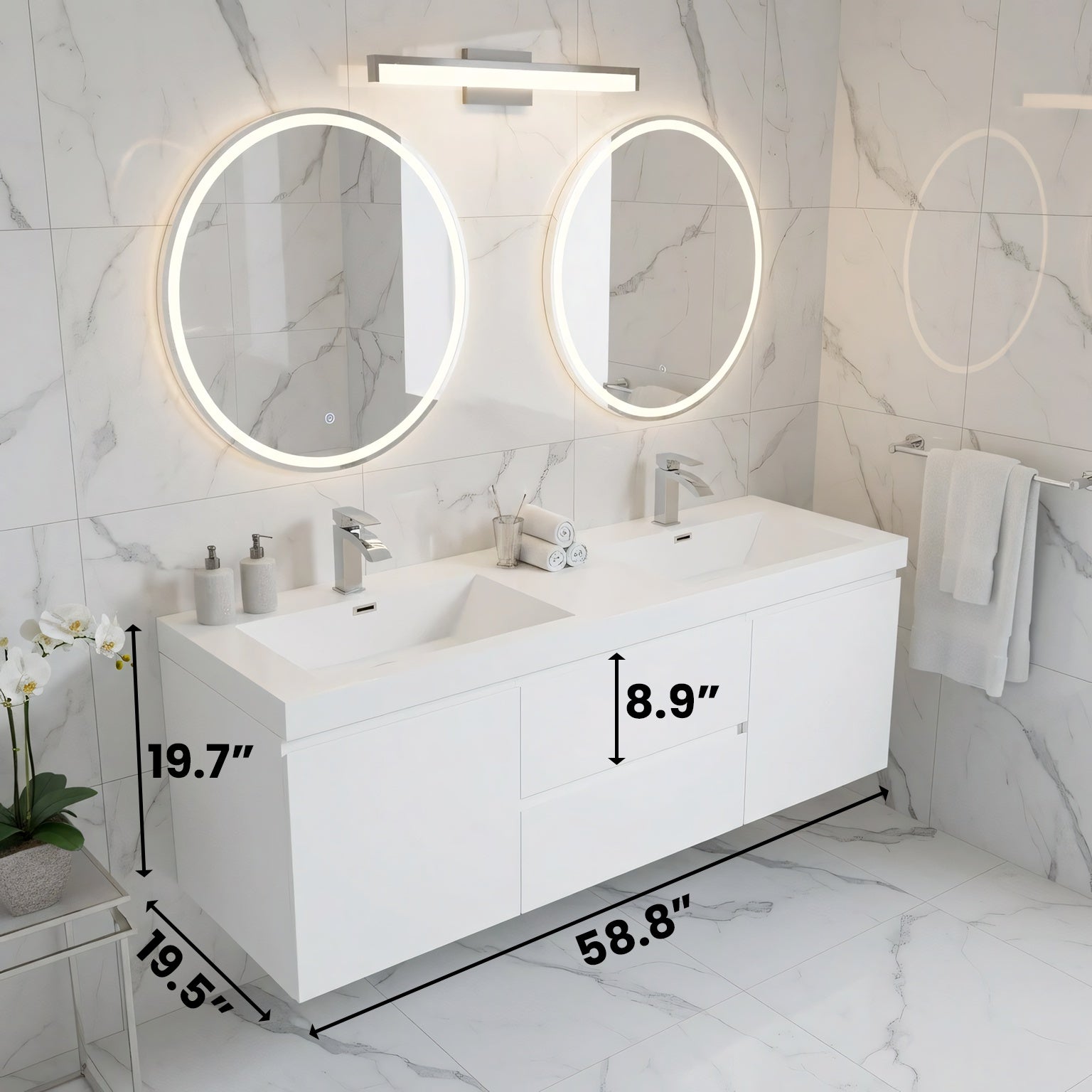 60" Glossy White Wall Mount Double Sink Bathroom Vanity with White Polymarble Countertop-Migration_Bathroom Vanities-DECOROLALA