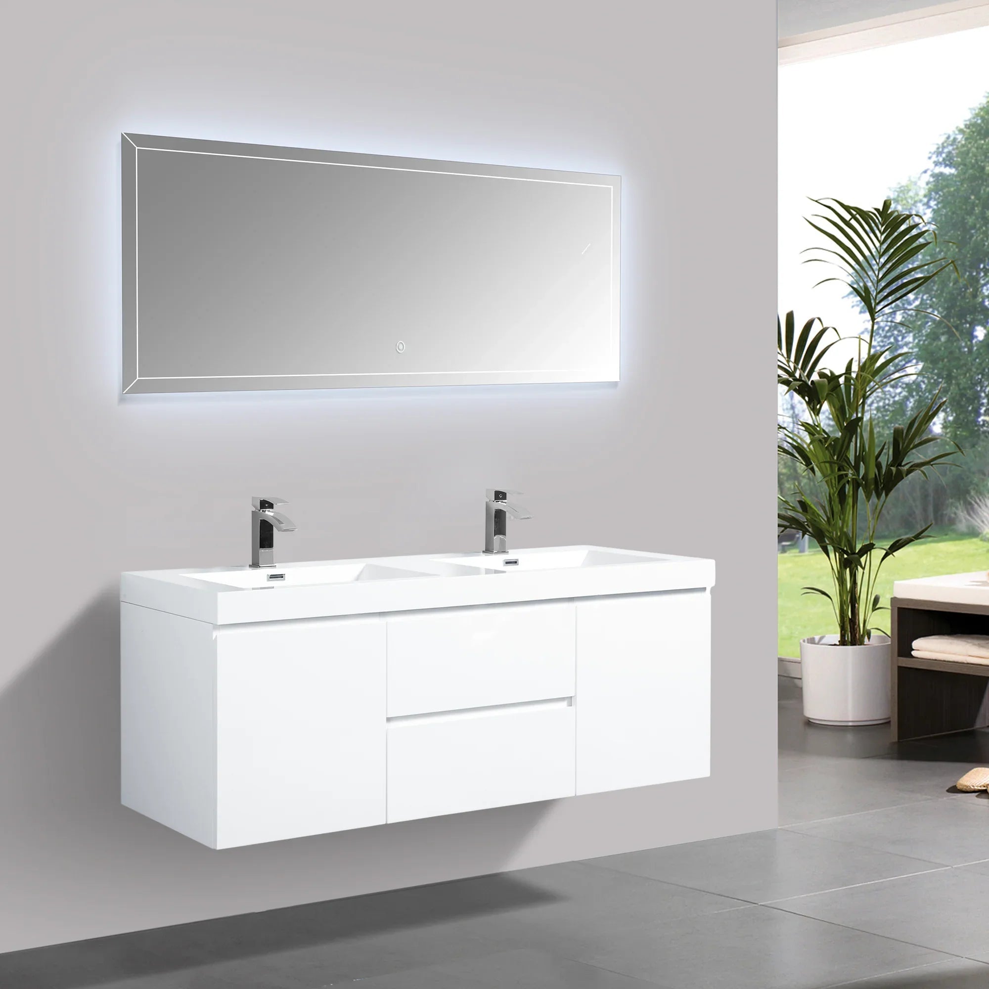 60" Glossy White Wall Mount Double Sink Bathroom Vanity with White Polymarble Countertop-Migration_Bathroom Vanities-DECOROLALA