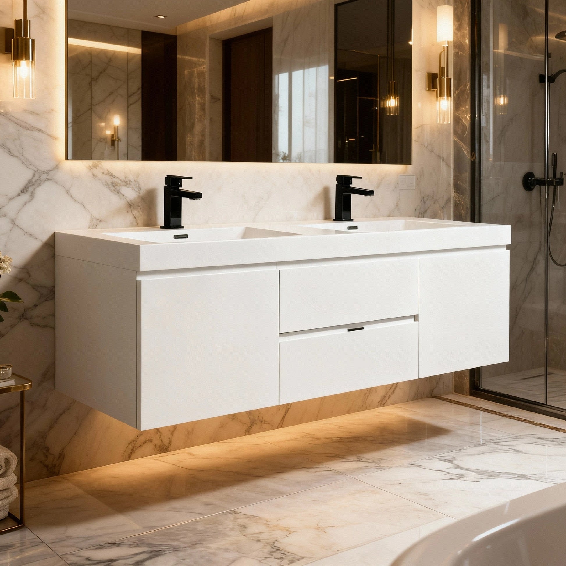60" Glossy White Wall Mount Double Sink Bathroom Vanity with White Polymarble Countertop-Migration_Bathroom Vanities-DECOROLALA