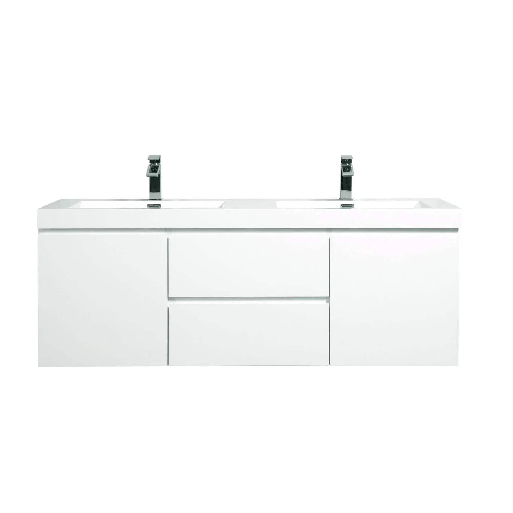 60" Glossy White Wall Mount Double Sink Bathroom Vanity with White Polymarble Countertop-Migration_Bathroom Vanities-DECOROLALA