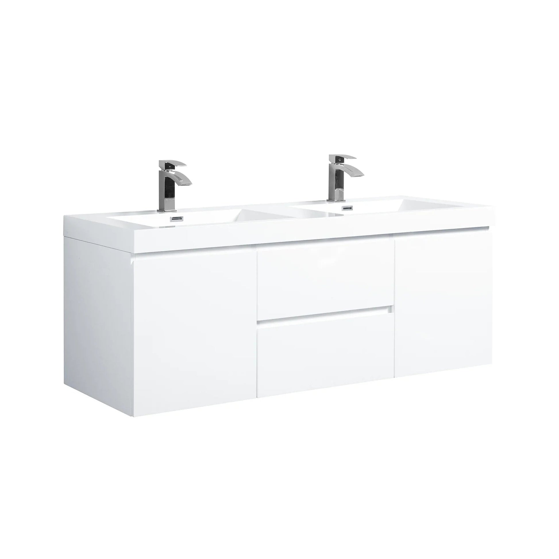 60" Glossy White Wall Mount Double Sink Bathroom Vanity with White Polymarble Countertop-Migration_Bathroom Vanities-DECOROLALA