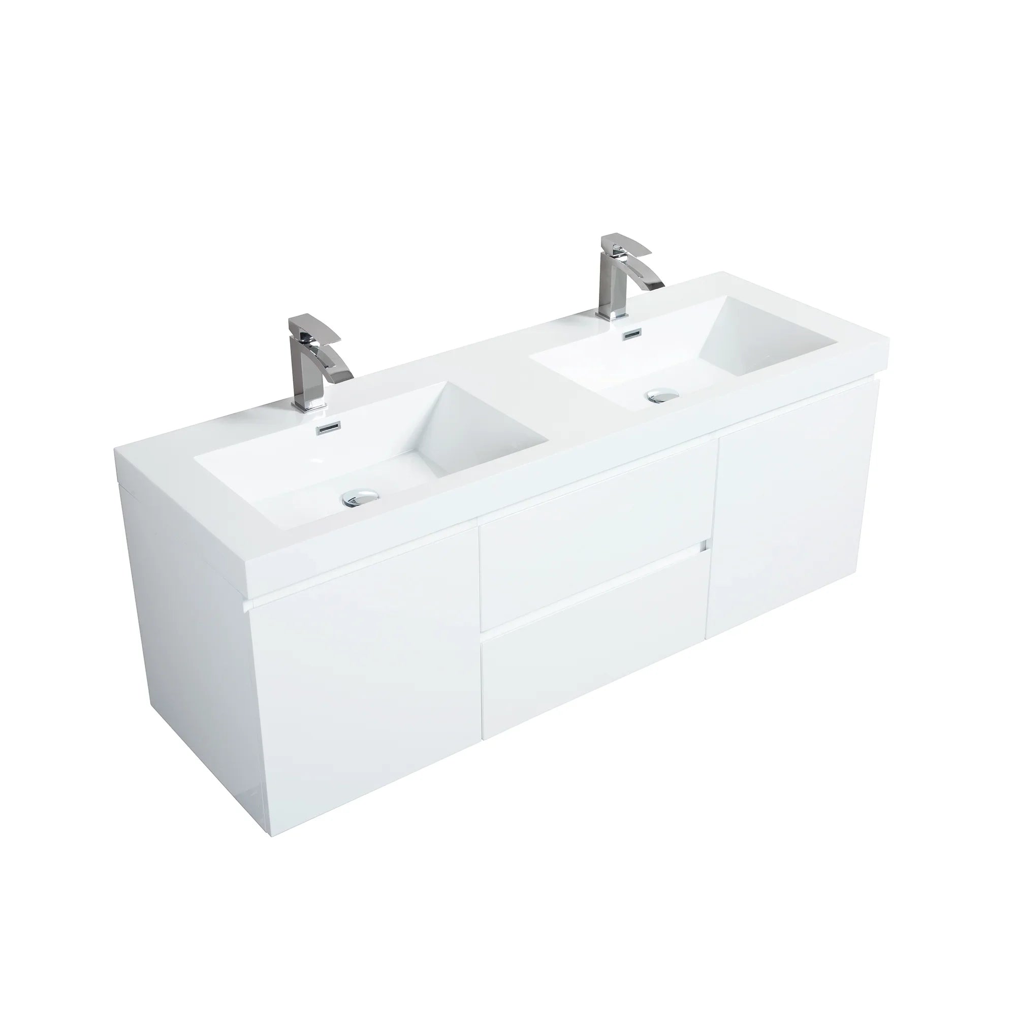 60" Glossy White Wall Mount Double Sink Bathroom Vanity with White Polymarble Countertop-Migration_Bathroom Vanities-DECOROLALA
