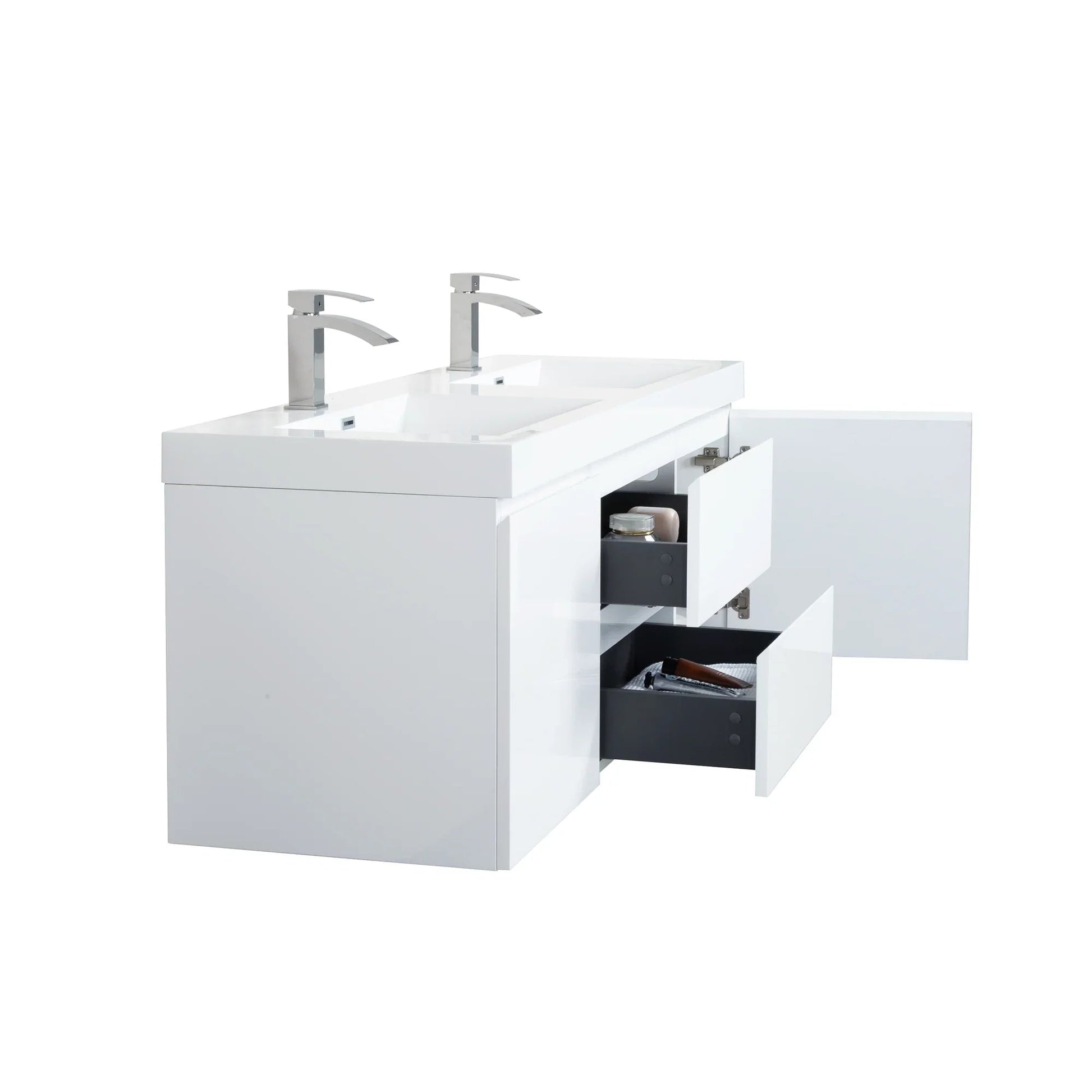 60" Glossy White Wall Mount Double Sink Bathroom Vanity with White Polymarble Countertop-Migration_Bathroom Vanities-DECOROLALA