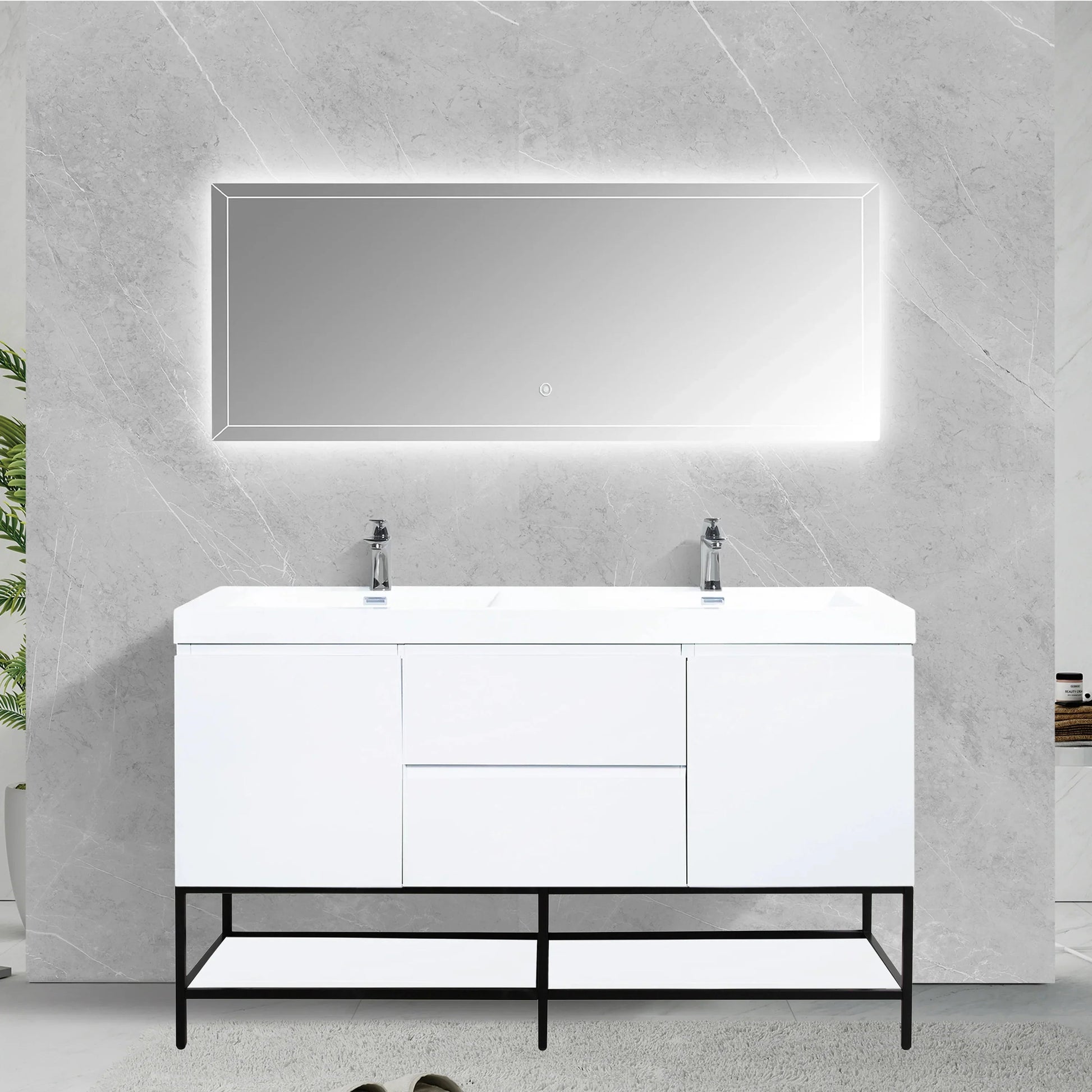 60" Glossy White Wall Mount Double Sink Bathroom Vanity with White Polymarble Countertop-Migration_Bathroom Vanities-DECOROLALA