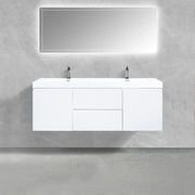 60" Glossy White Wall Mount Double Sink Bathroom Vanity with White Polymarble Countertop-Migration_Bathroom Vanities-DECOROLALA