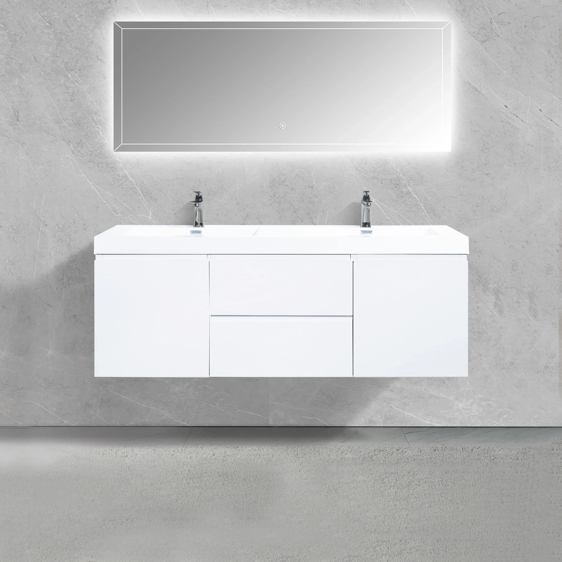 60" Glossy White Wall Mount Double Sink Bathroom Vanity with White Polymarble Countertop-Migration_Bathroom Vanities-DECOROLALA