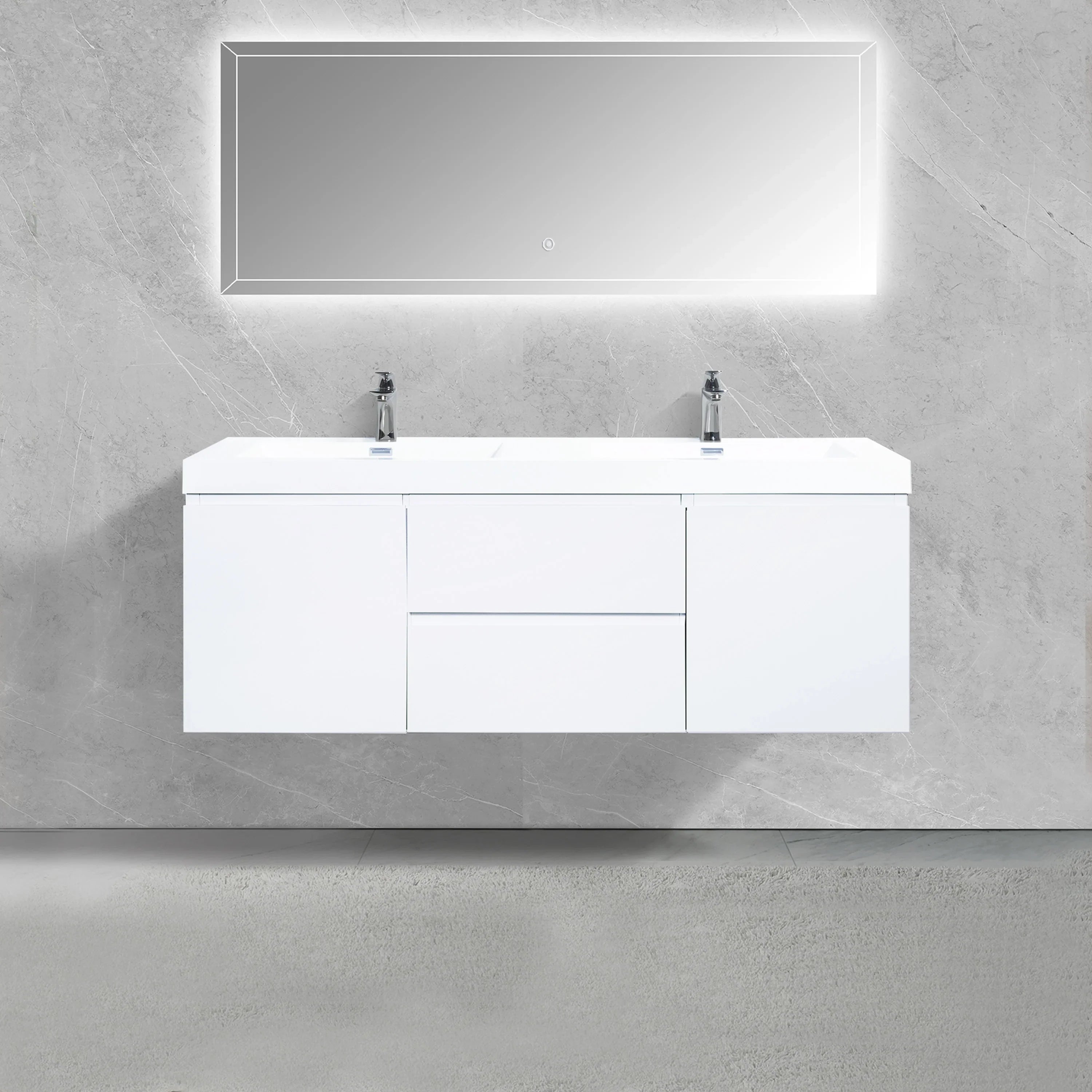 60" Glossy White Wall Mount Double Sink Bathroom Vanity with White Polymarble Countertop-Migration_Bathroom Vanities-DECOROLALA