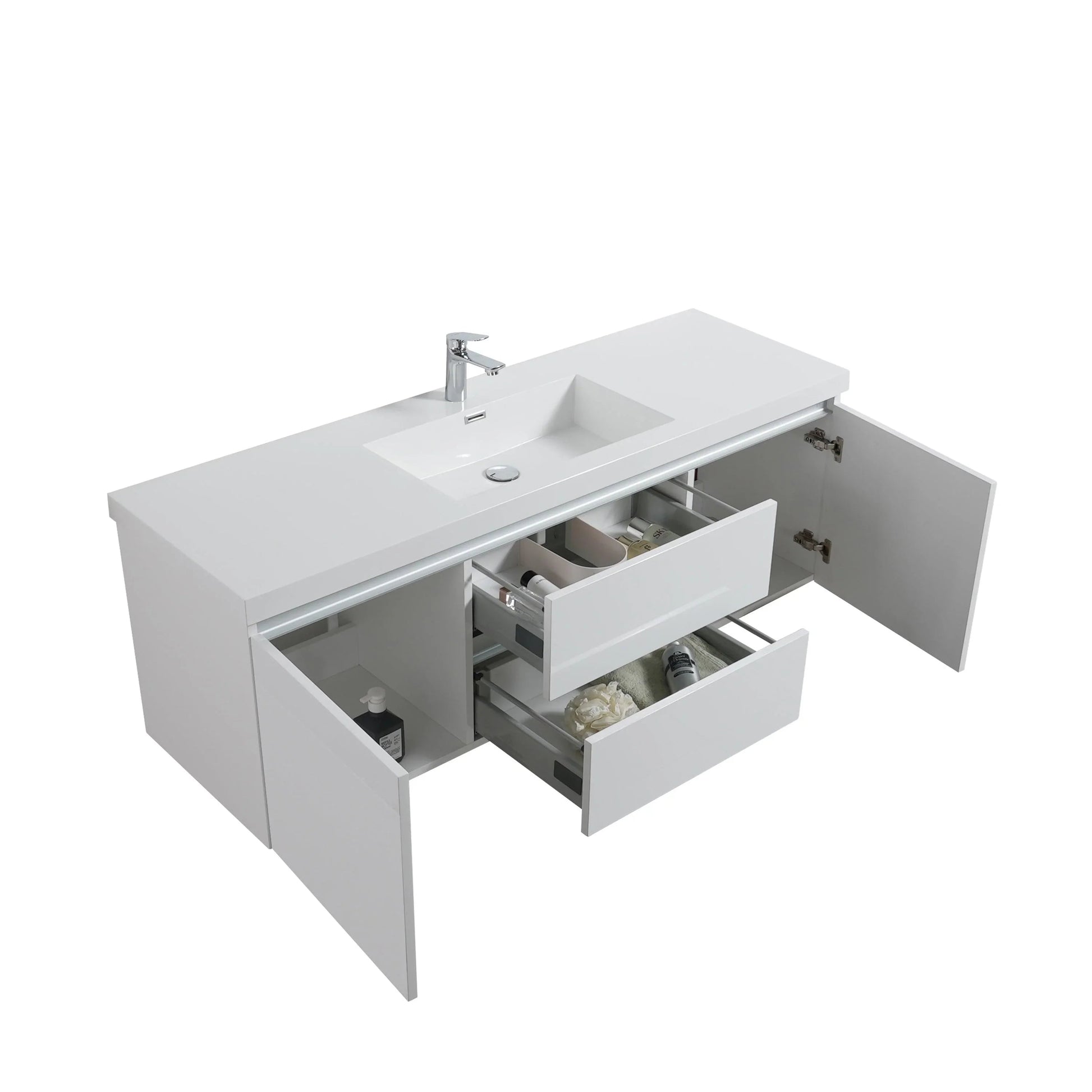 60" Glossy White Wall Mount LED-Glow Bathroom Vanity with White Polymarble Countertop-Migration_Bathroom Vanities-DECOROLALA