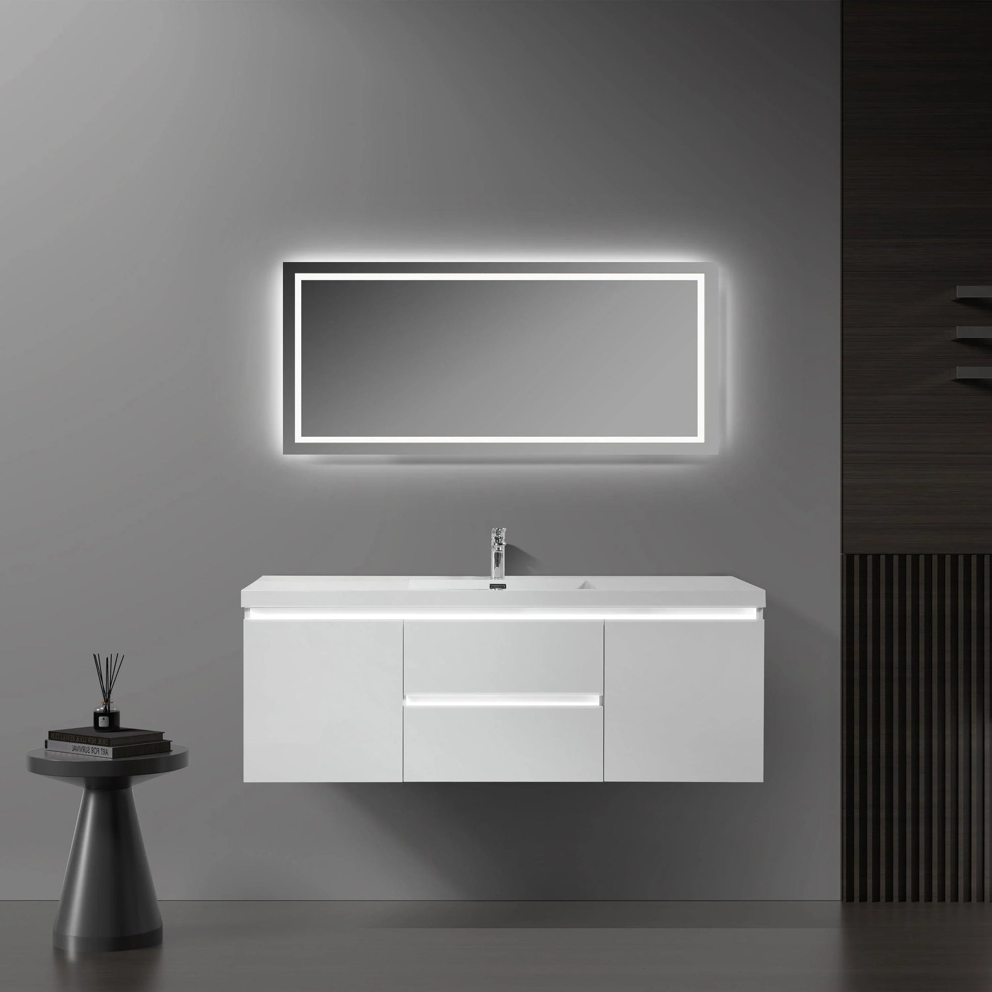 60" Glossy White Wall Mount LED-Glow Bathroom Vanity with White Polymarble Countertop-Migration_Bathroom Vanities-DECOROLALA