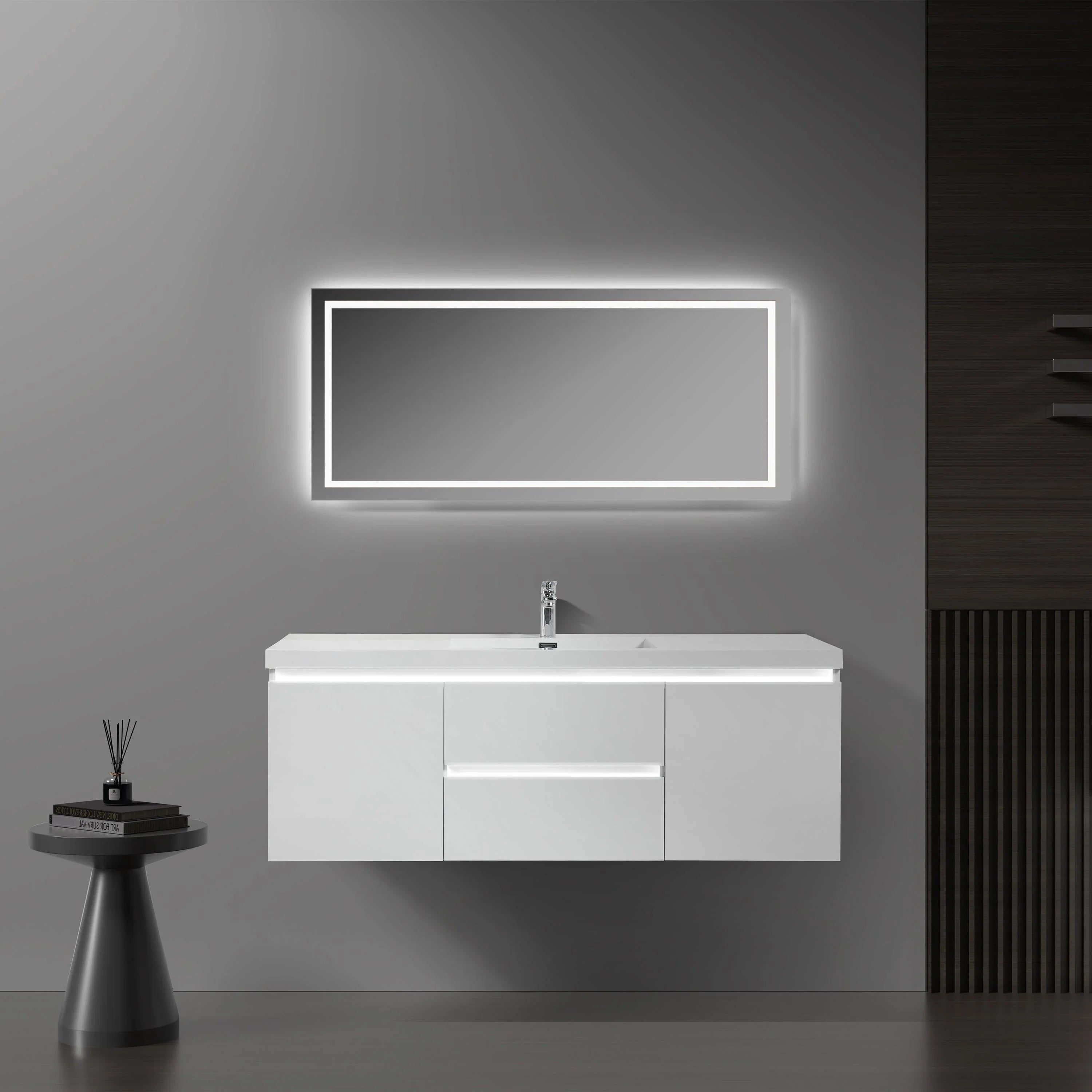 60" Glossy White Wall Mount LED-Glow Bathroom Vanity with White Polymarble Countertop-Migration_Bathroom Vanities-DECOROLALA