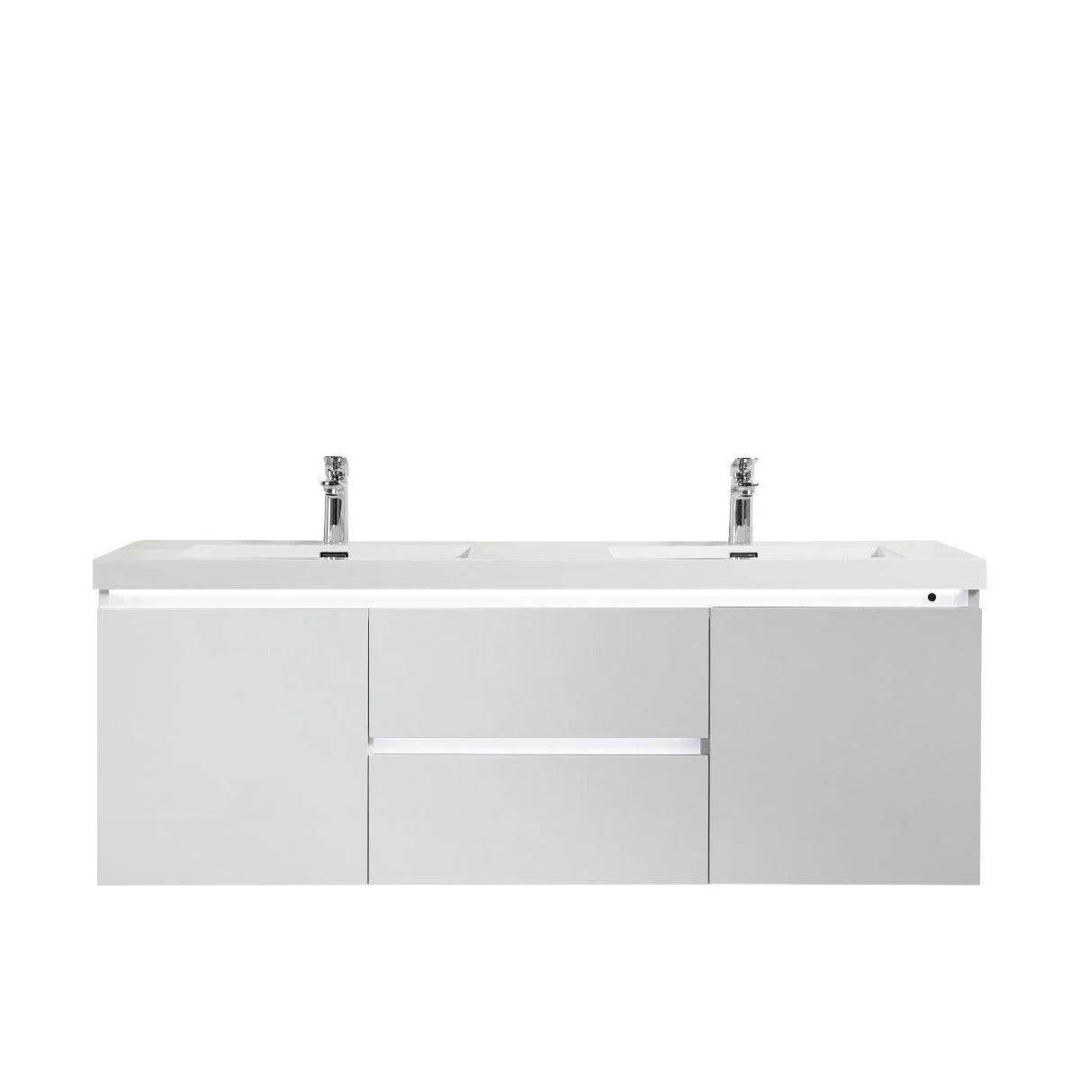 60" Glossy White Wall-Mount LED-Glow Double Sink Bathroom Vanity with White Polymarble Countertop-Migration_Bathroom Vanities-DECOROLALA